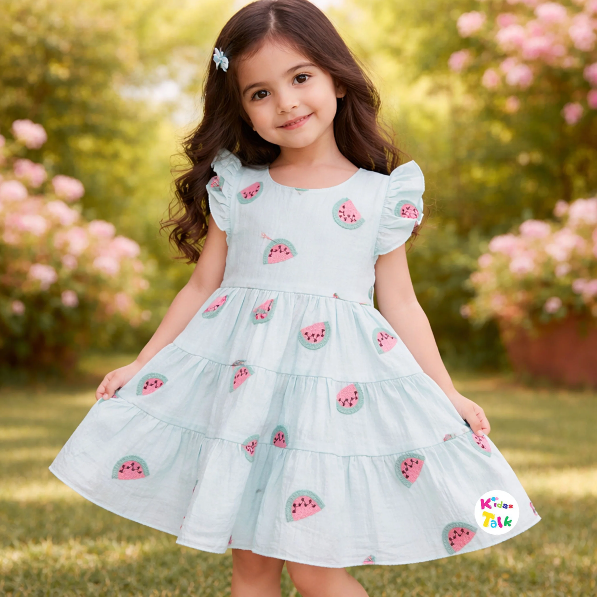 Cute Muslin Half Sleeve Frock With Embroidered - Ice Blue