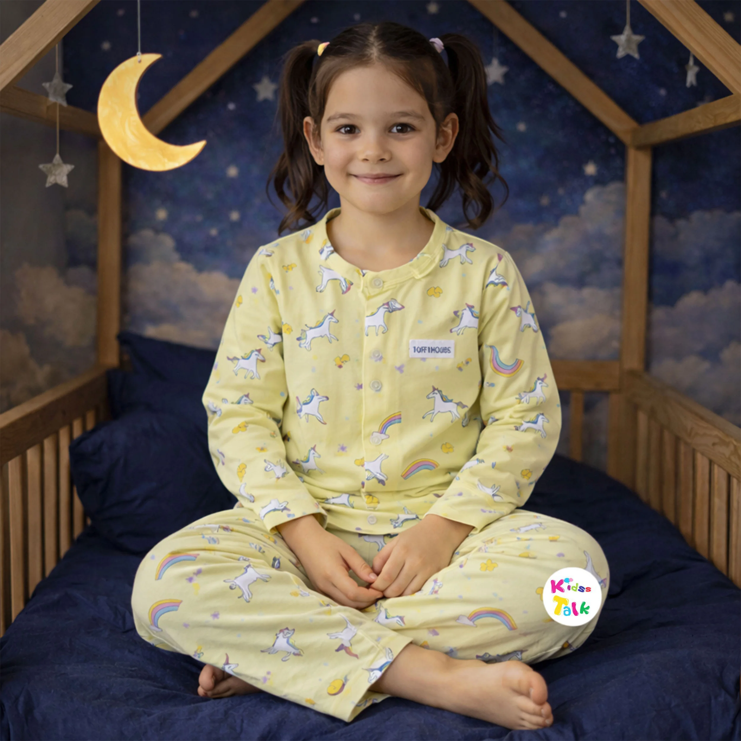 Cotton Knitted Full Sleeve Night Suit With Cute Printed - Lemon Yellow