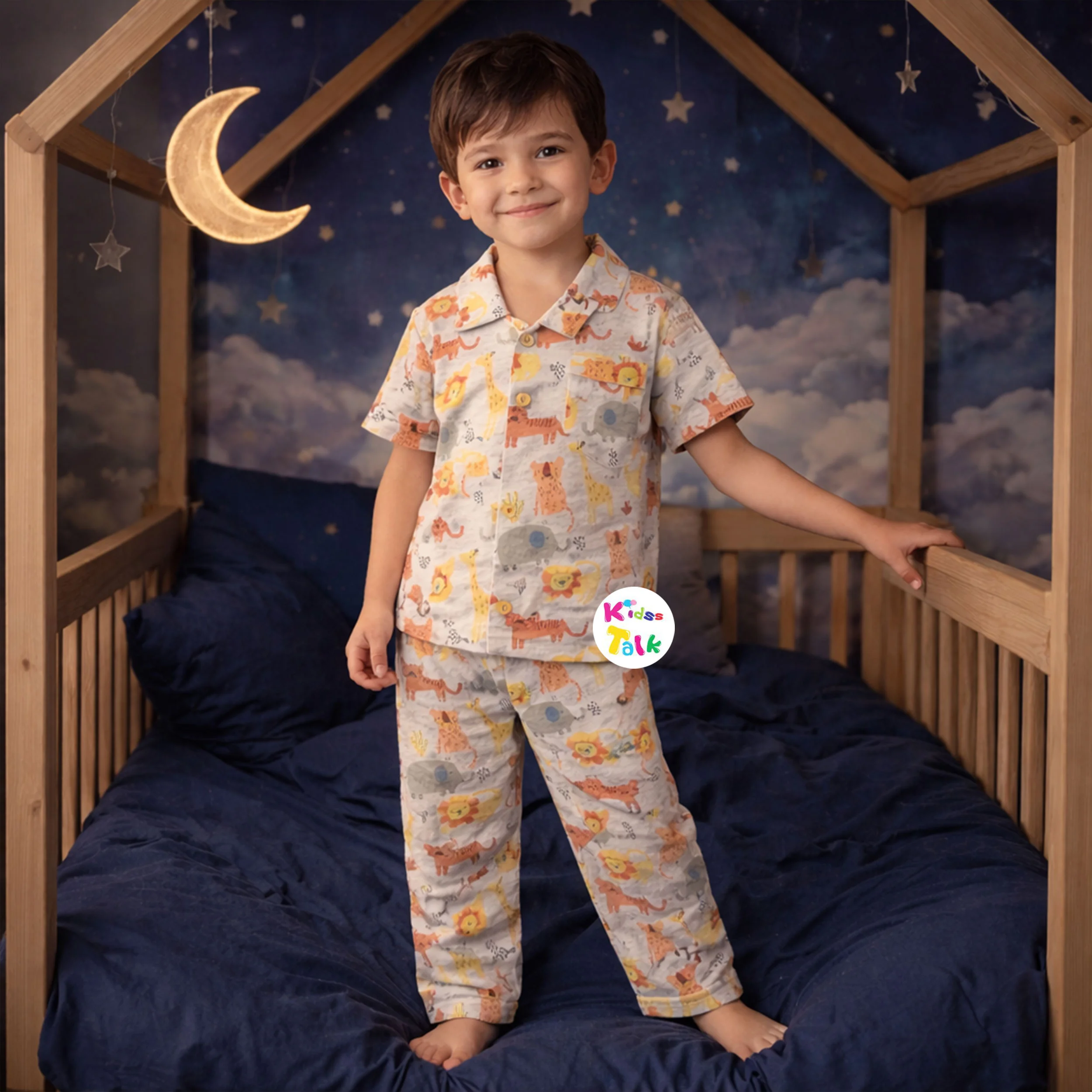 Cotton Knitted Half Sleeve Night Suit With Cute Printed - Grey