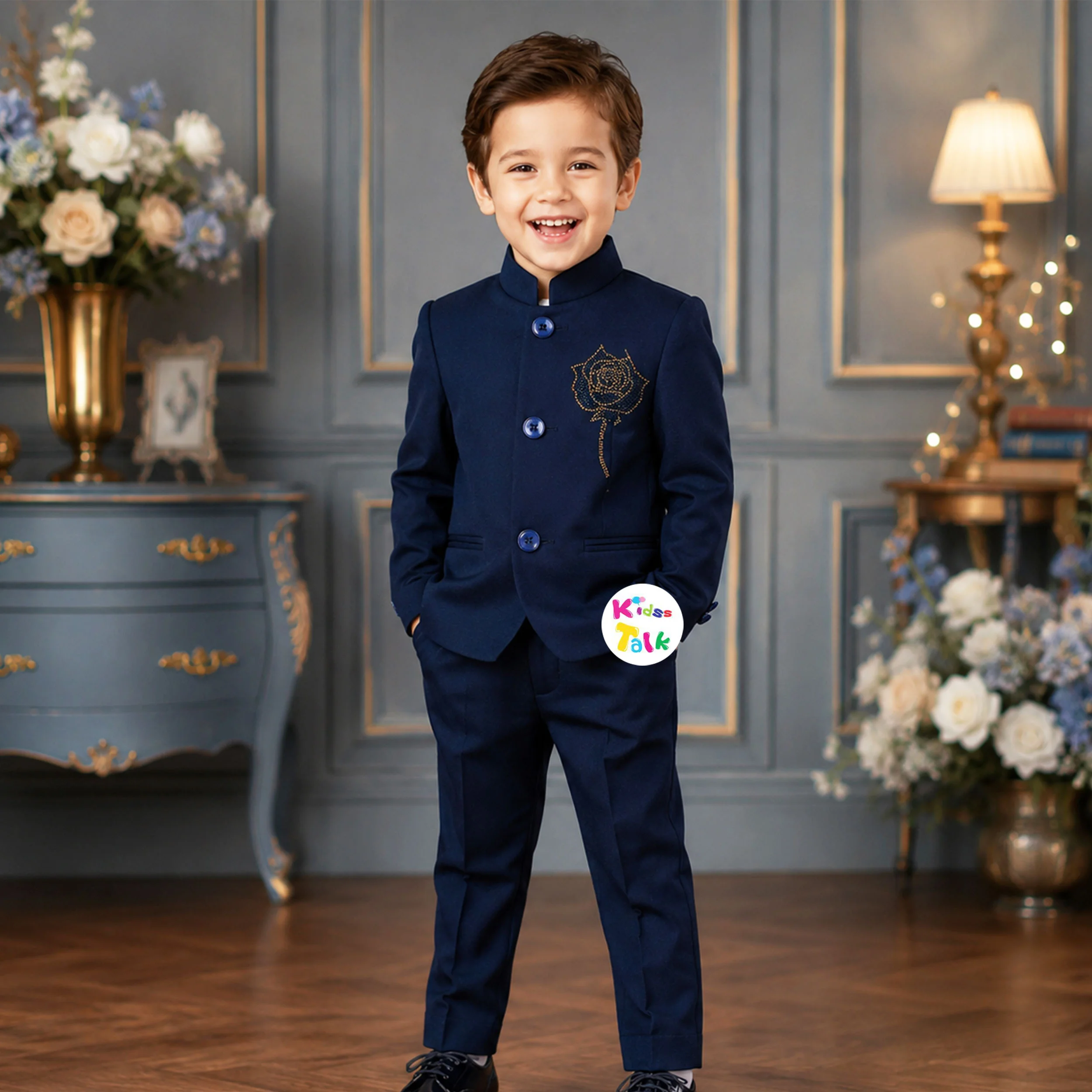 Royal Full Sleeve Sherwani Set With Zardhosi Work - Navy Blue