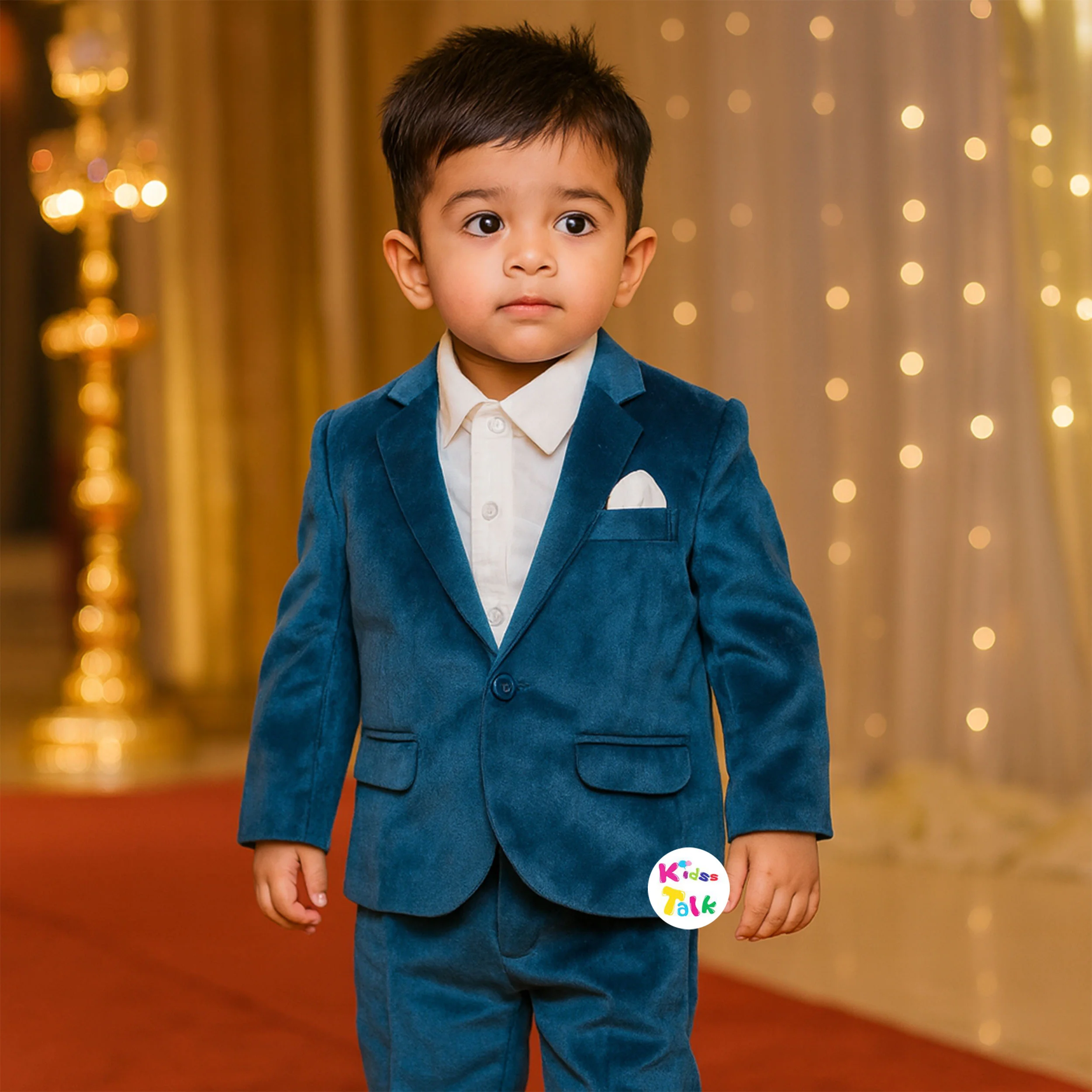 Royal Velvet Full Sleeve Coat With Shirt And Pant - Teal Blue