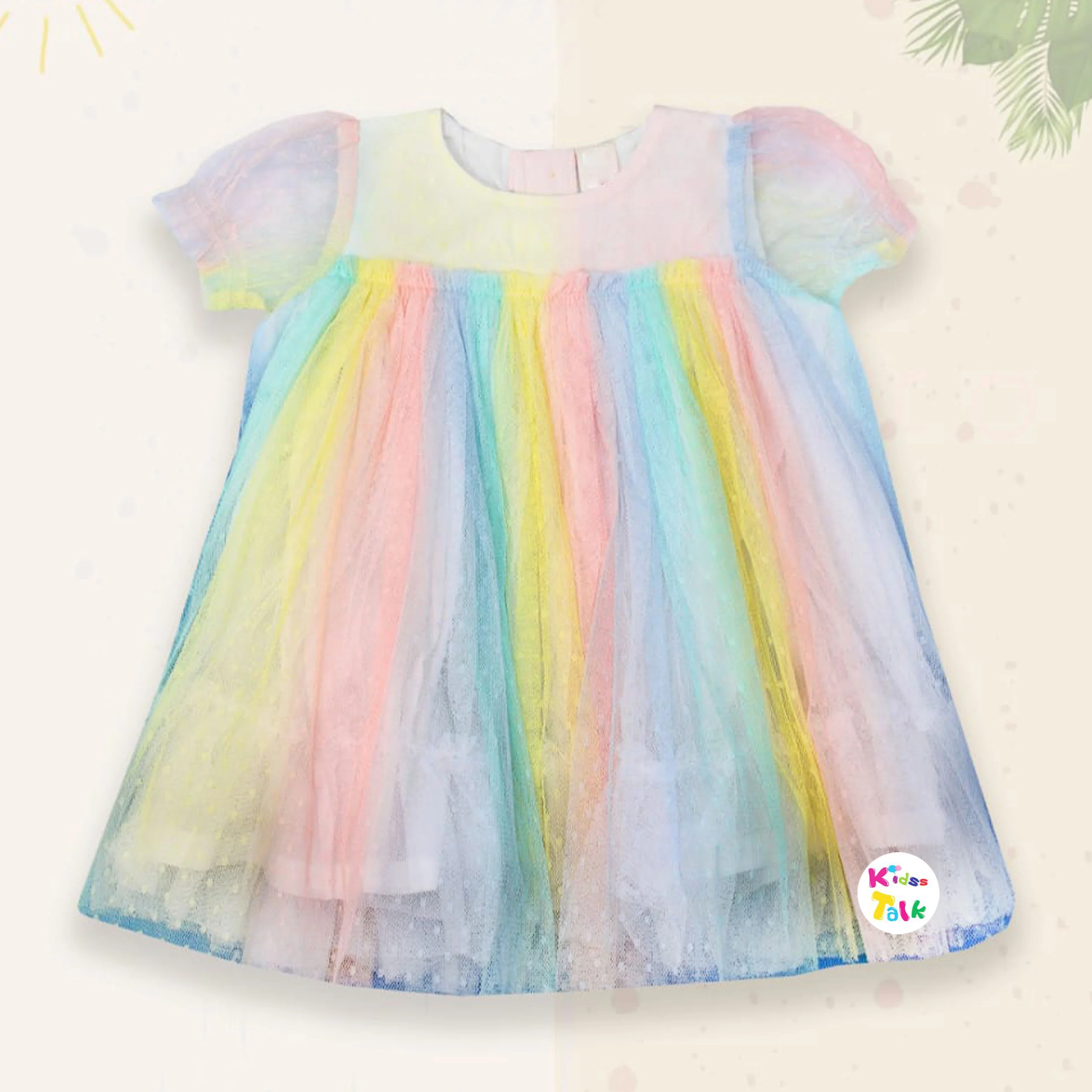 Net Half Sleeve Frock With Tie & Dye Printed - Multicolour