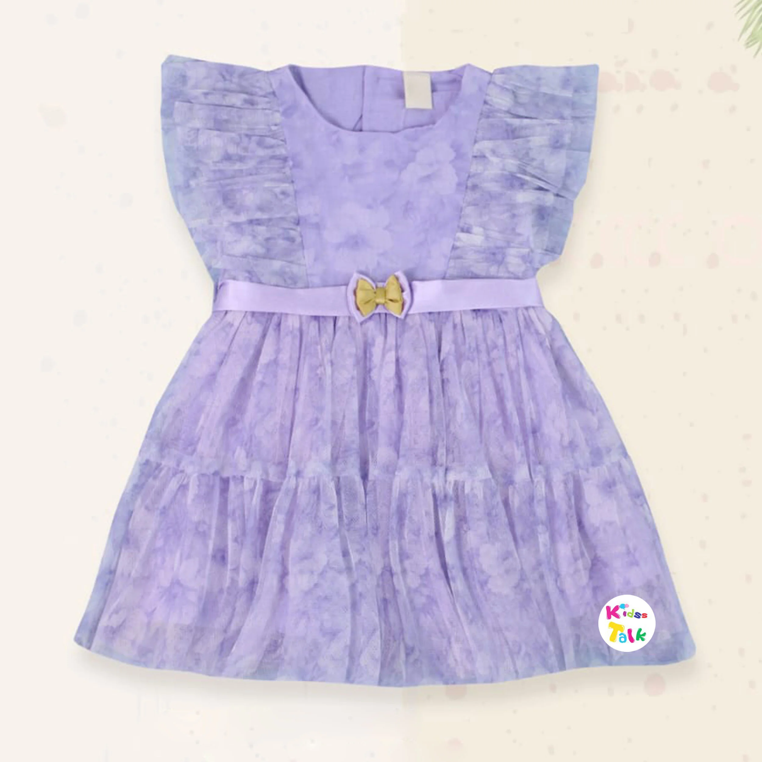 Net Half Sleeve Printed Frock With Bow - Lavender