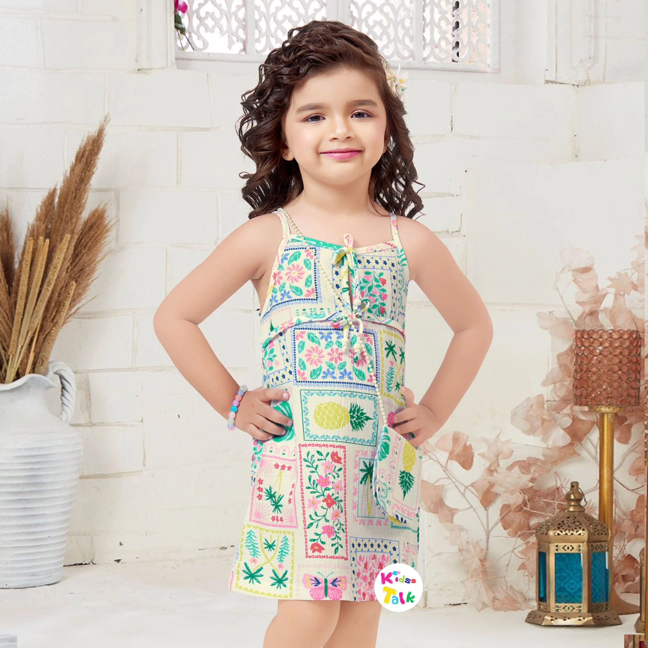 Cotton Sleeveless Frock With Floral Printed- Multicolour