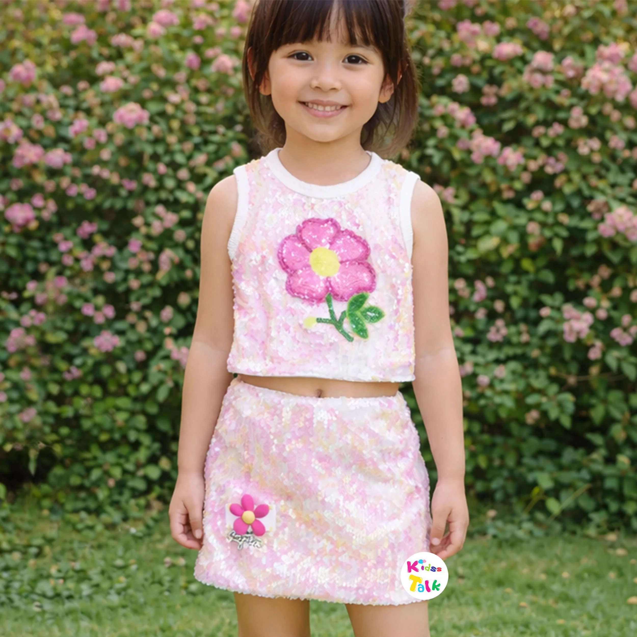 Sequins Sleeveless Skirt & Top With Cute Flower Applique - Multicolour