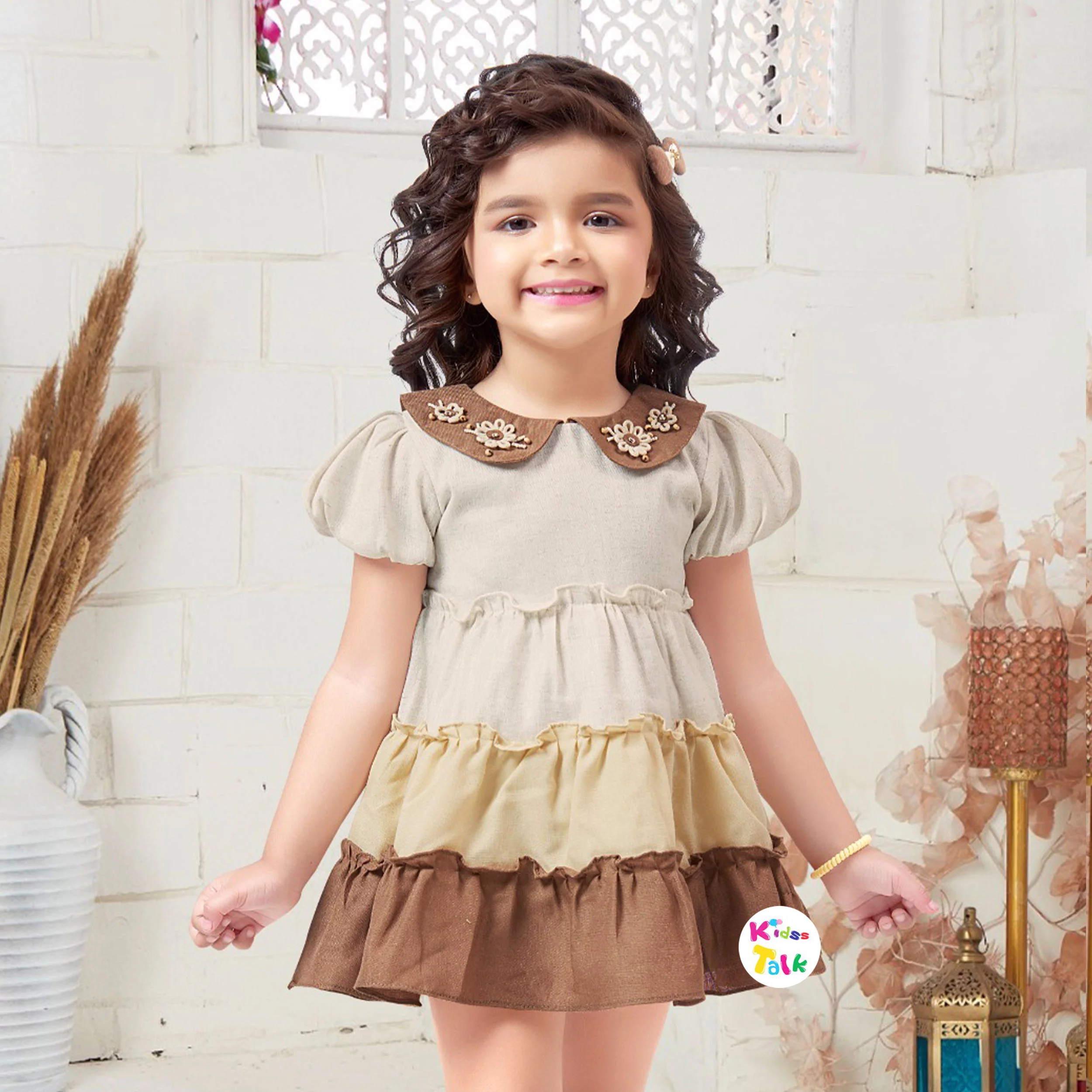 Cotton Half Sleeve Frock With Patch Work - Beige