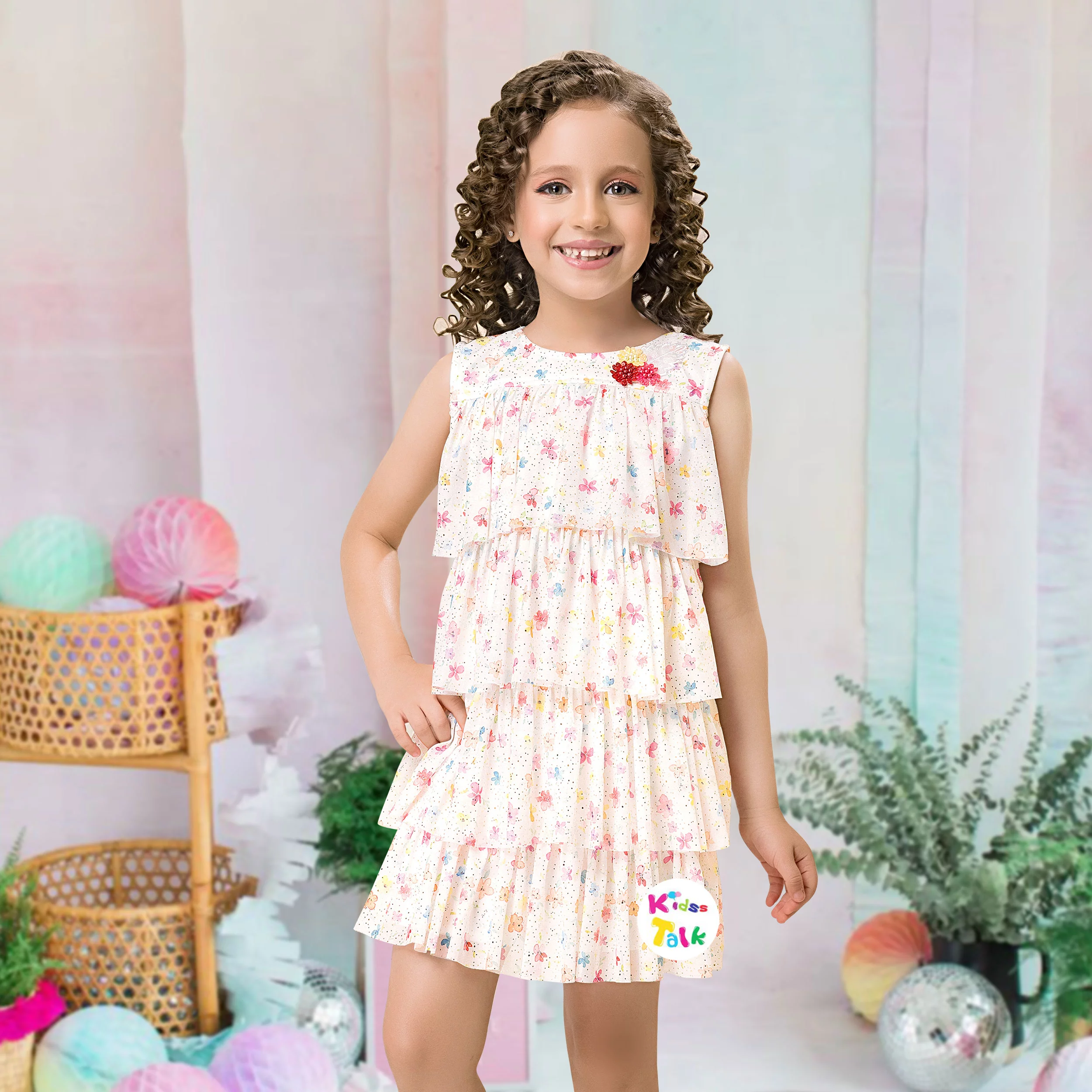 Net Sleeveless Frock With Floral Printed - Cream