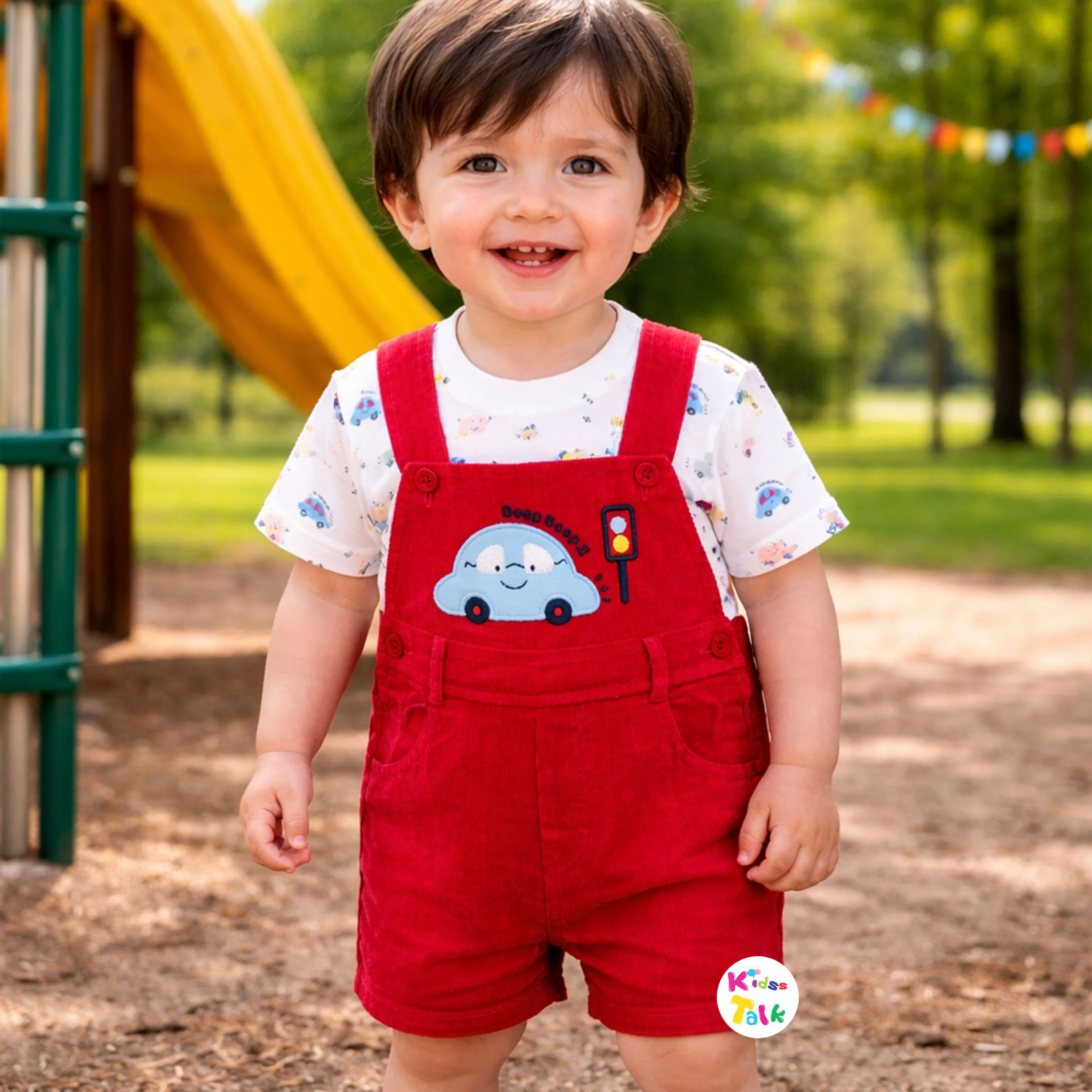 Corduroy Half Sleeve Embroidered Dungaree Set - Red