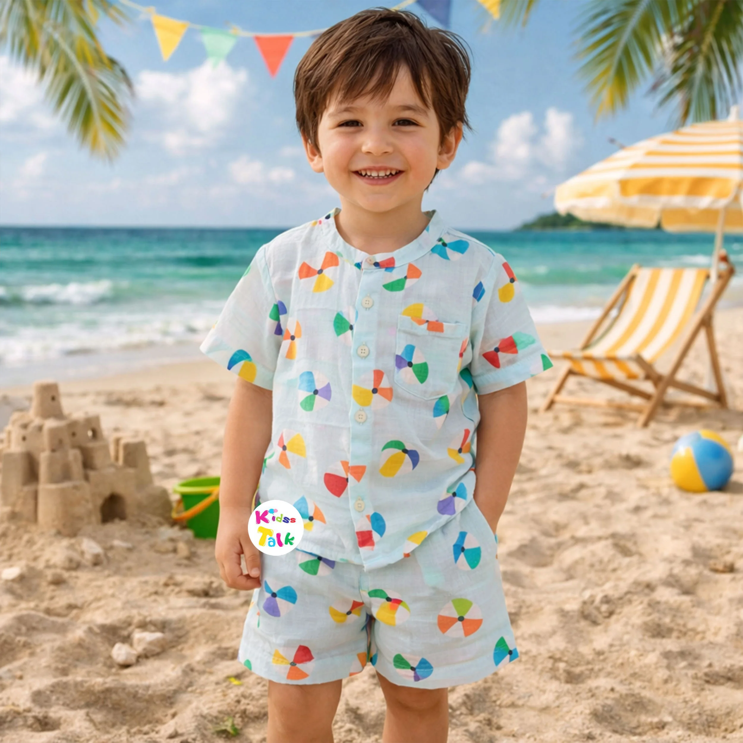 Muslin Half Sleeve Half Pant Set With Cute Printed - Ice Blue