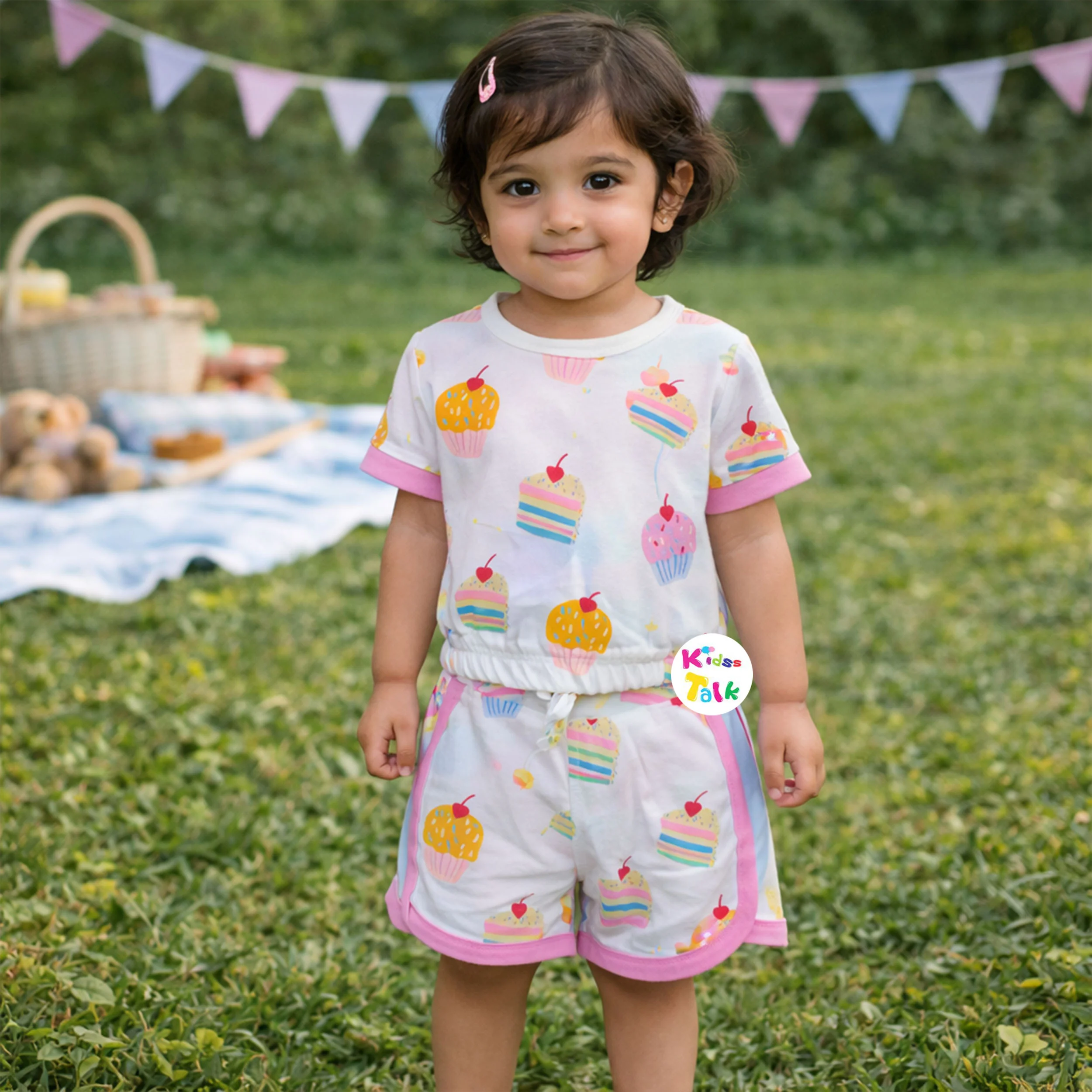 Cotton Knitted Half Sleeve T-shirt Set With Cute Print - White