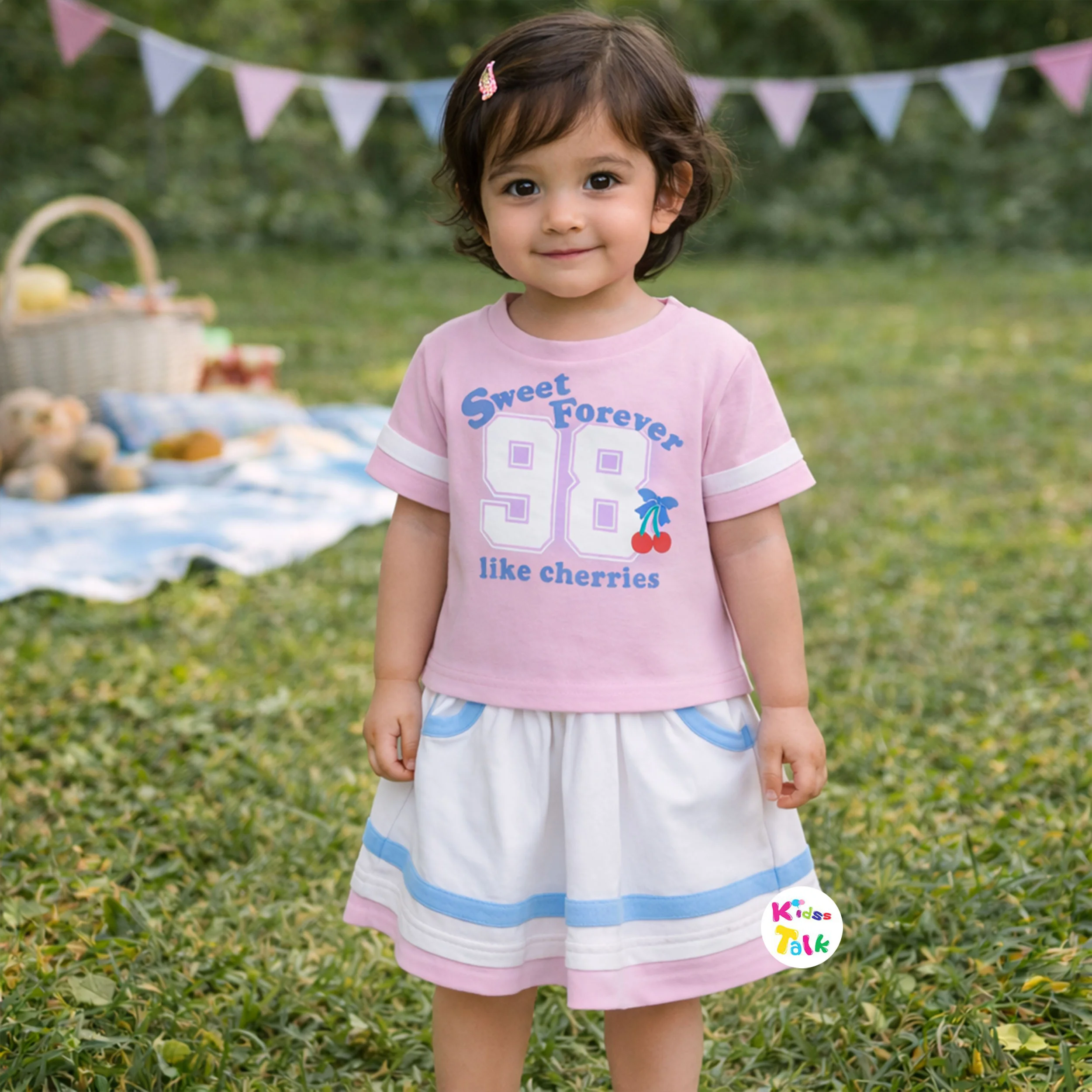 Cotton Knitted Half Sleeve T-shirt Set With Cute Print - Baby Pink