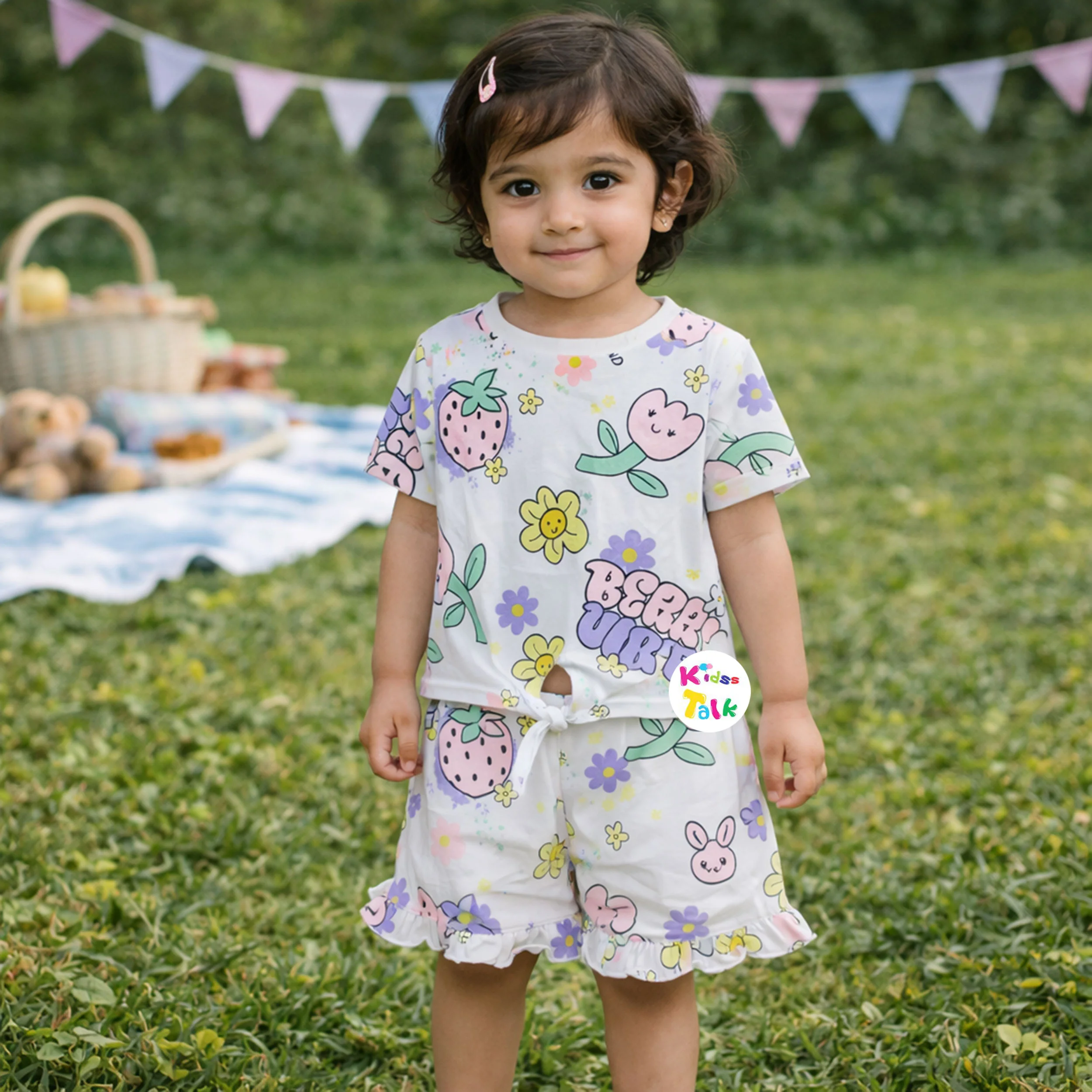 Cotton Knitted Half Sleeve T-shirt Set With Cute Print - White