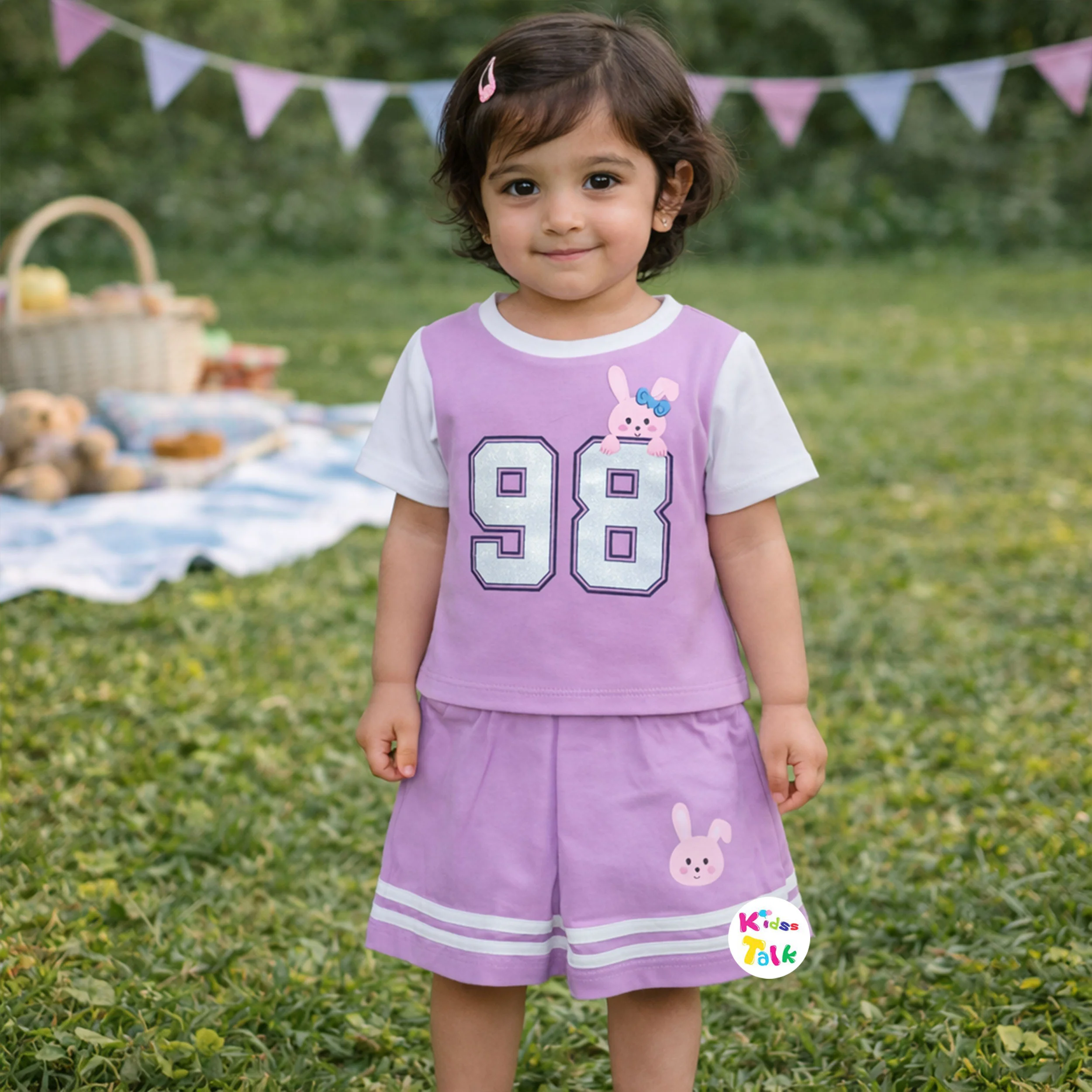 Cotton Knitted Half Sleeve T-shirt Set With Cute Print - Lavender