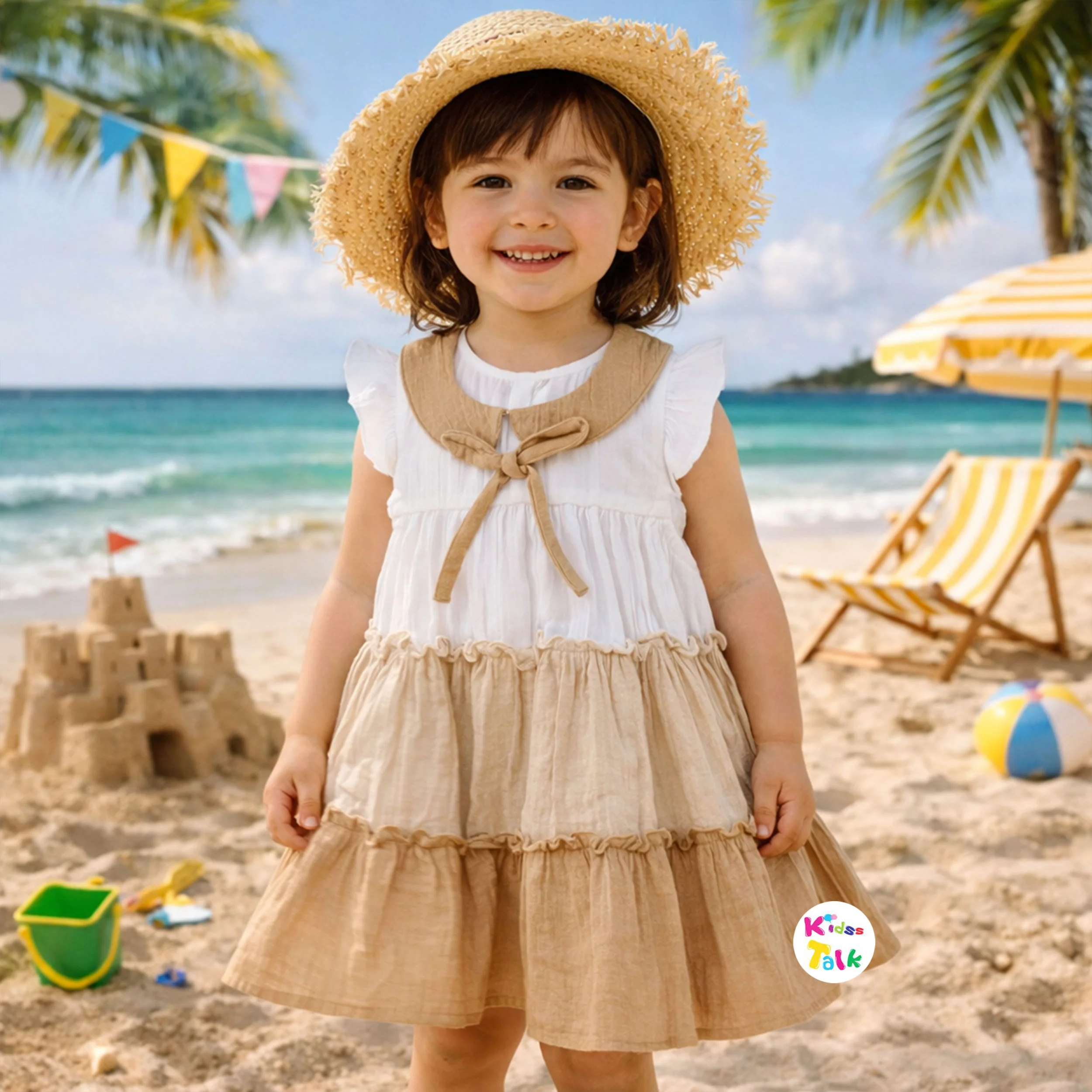 Cute Muslin Half Sleeve Frock -beige