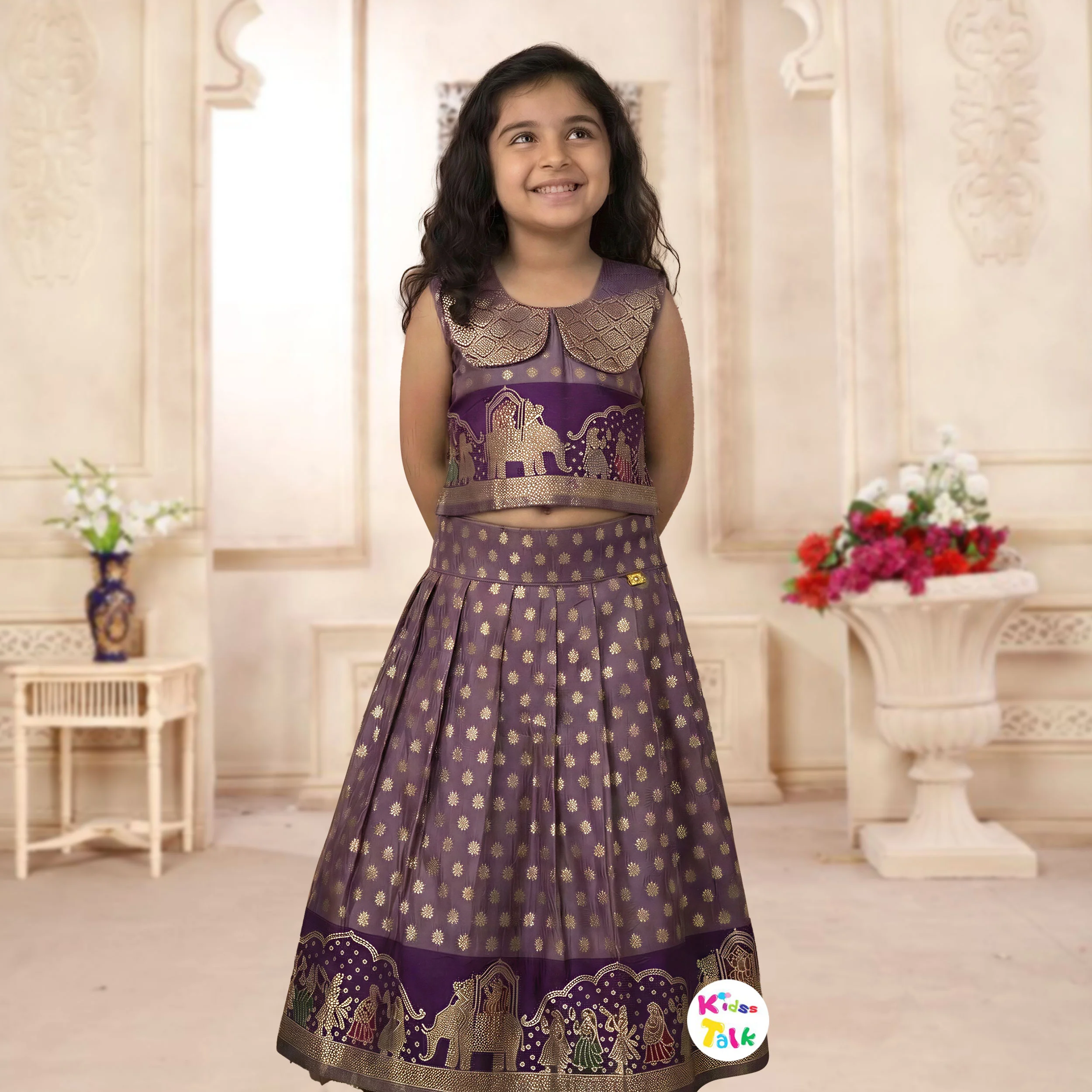 Silk Sleeveless Zardhosi Work Choli With Lehenga & Dupatta - Purple