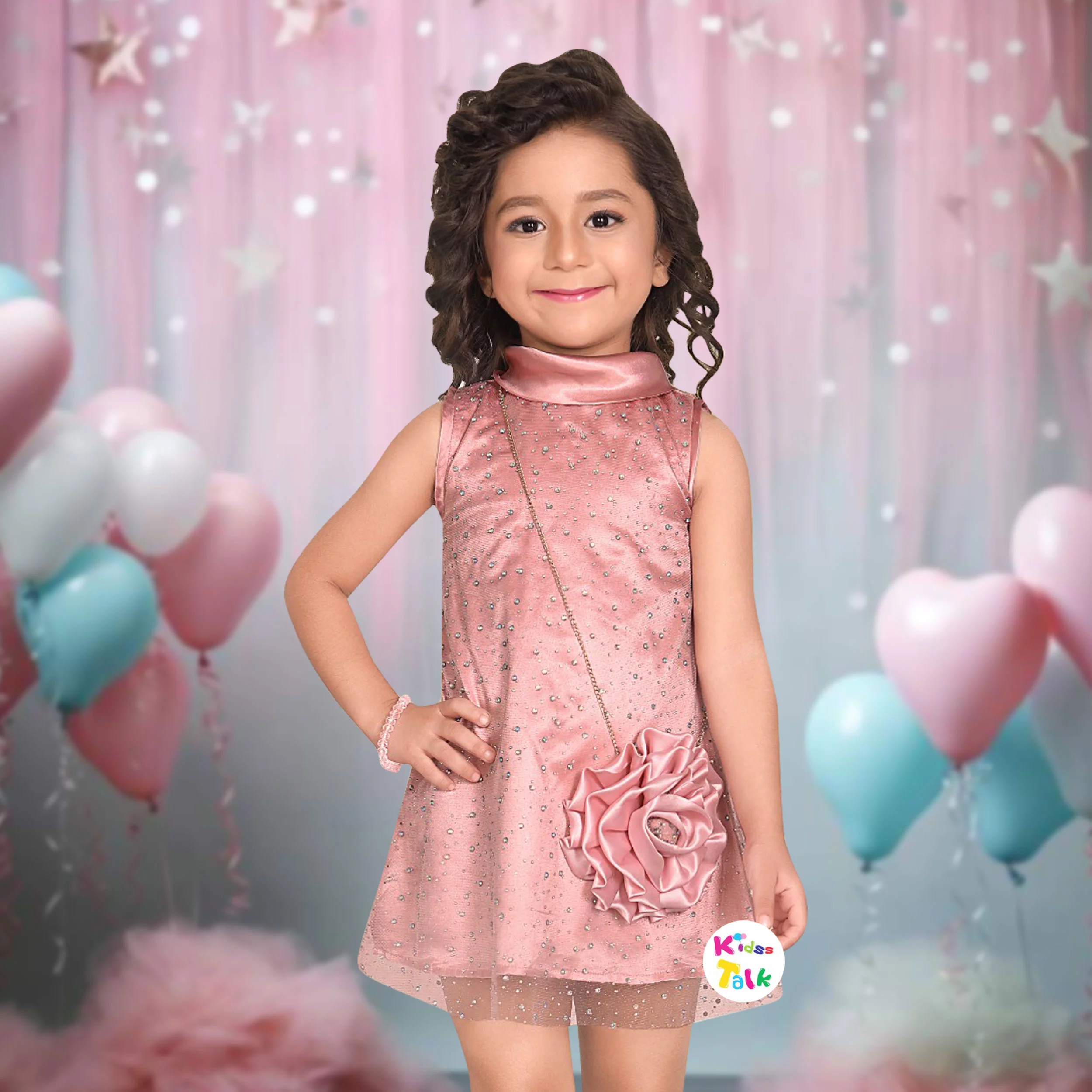 Net Sleeveless Party Frock With Stone Applique - Onion Pink