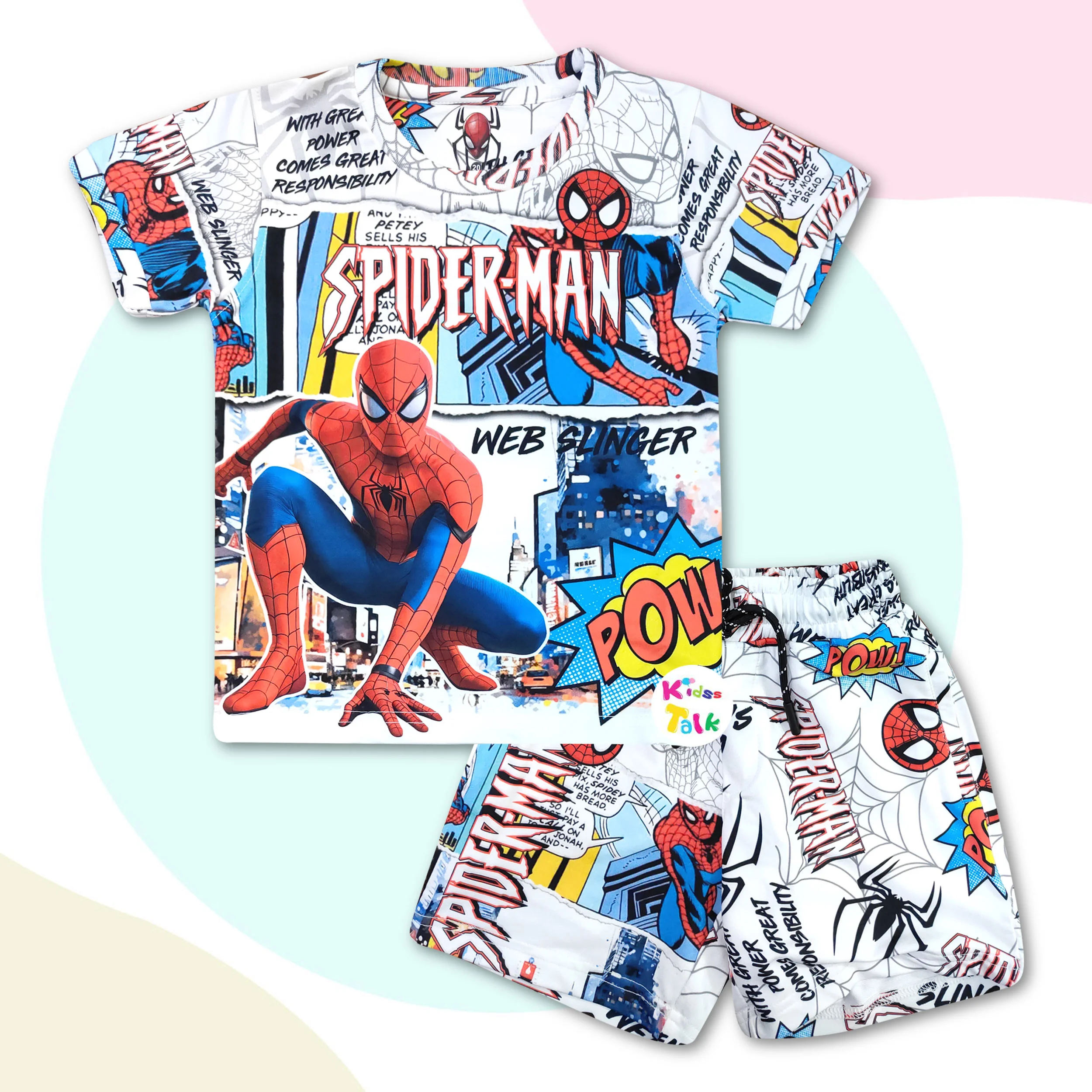 Poly Blend Half Sleeve T-shirt Set With Spider Man Print - White