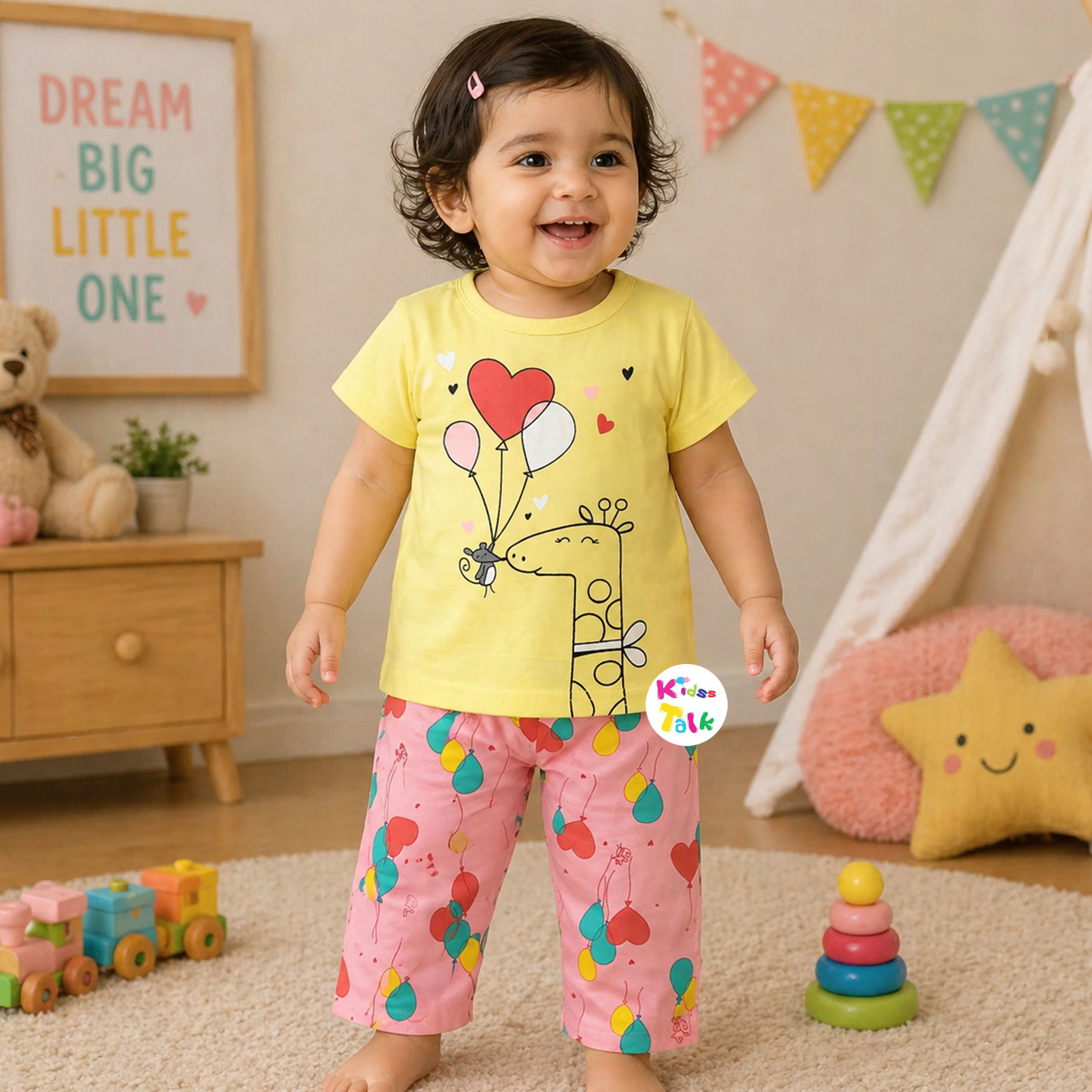 Cotton Knitted Half Sleeve T-shirt Set With Cute Print - Lemon Yellow
