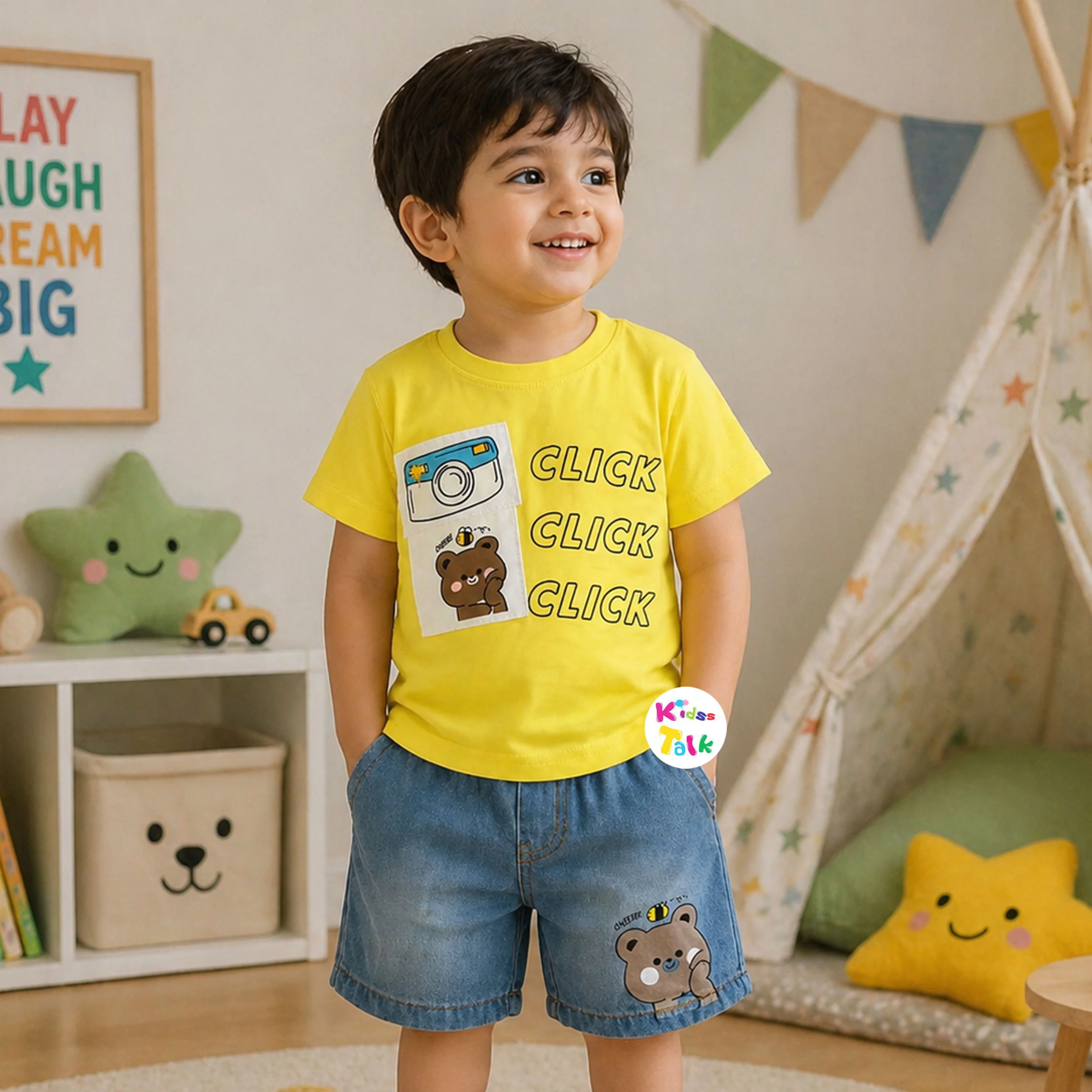 Cotton Knitted Half Sleeve T-shirt Set With Cute Print - Lemon Yellow
