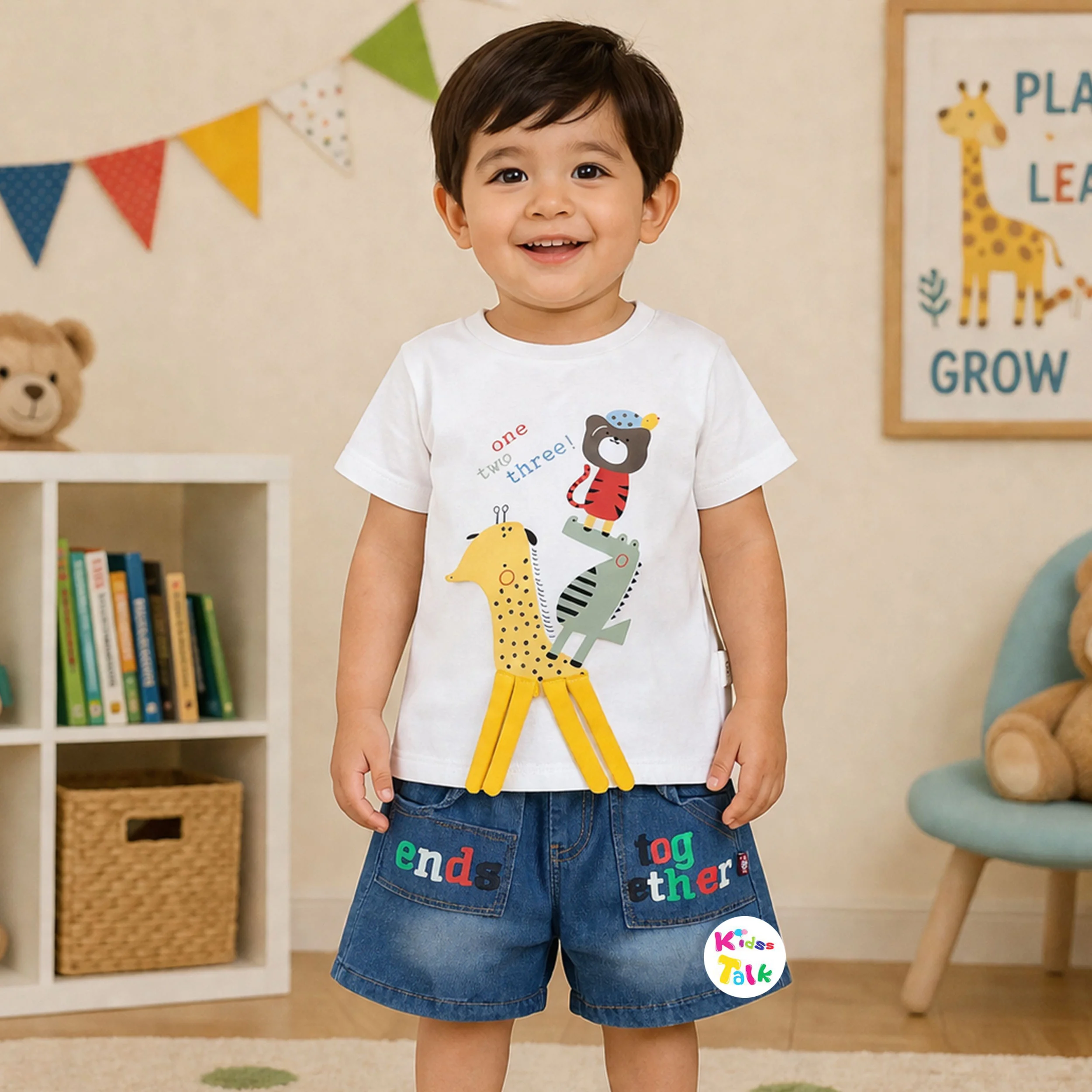 Cotton Knitted Half Sleeve T-shirt Set With Cute Print - White