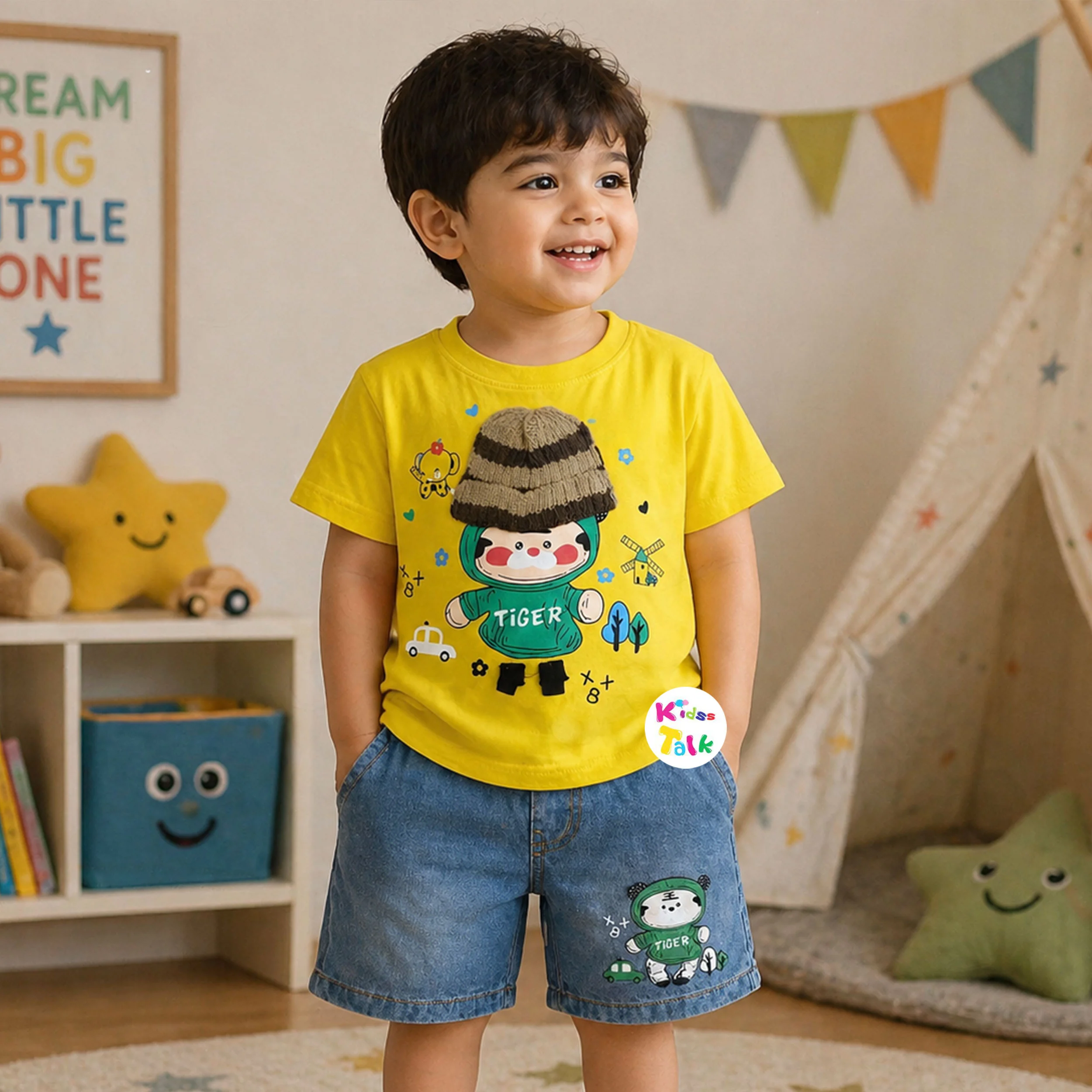 Cotton Knitted Half Sleeve T-shirt Set With Cute Print - Lemon Yellow