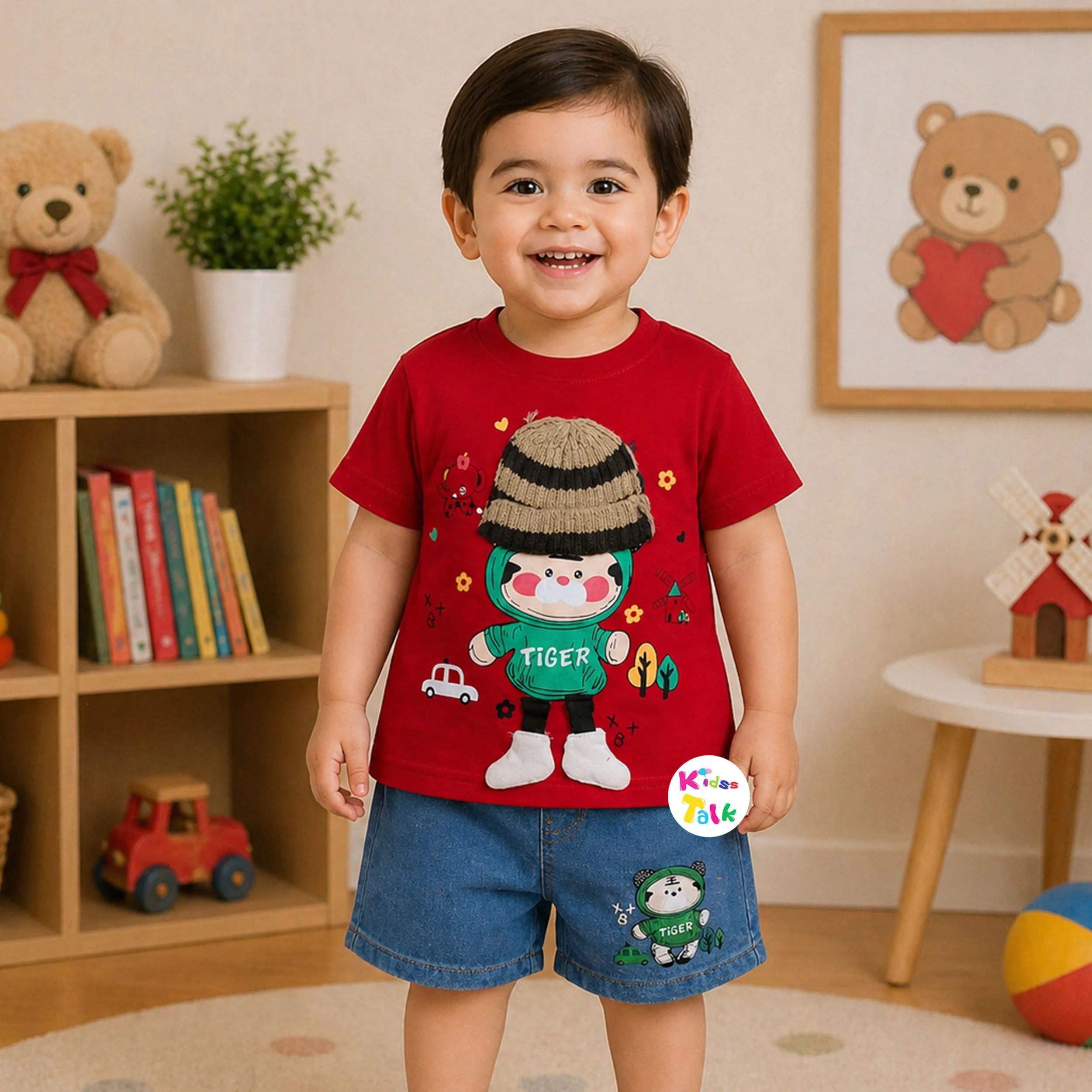 Cotton Knitted Half Sleeve T-shirt Set With Cute Print - Red