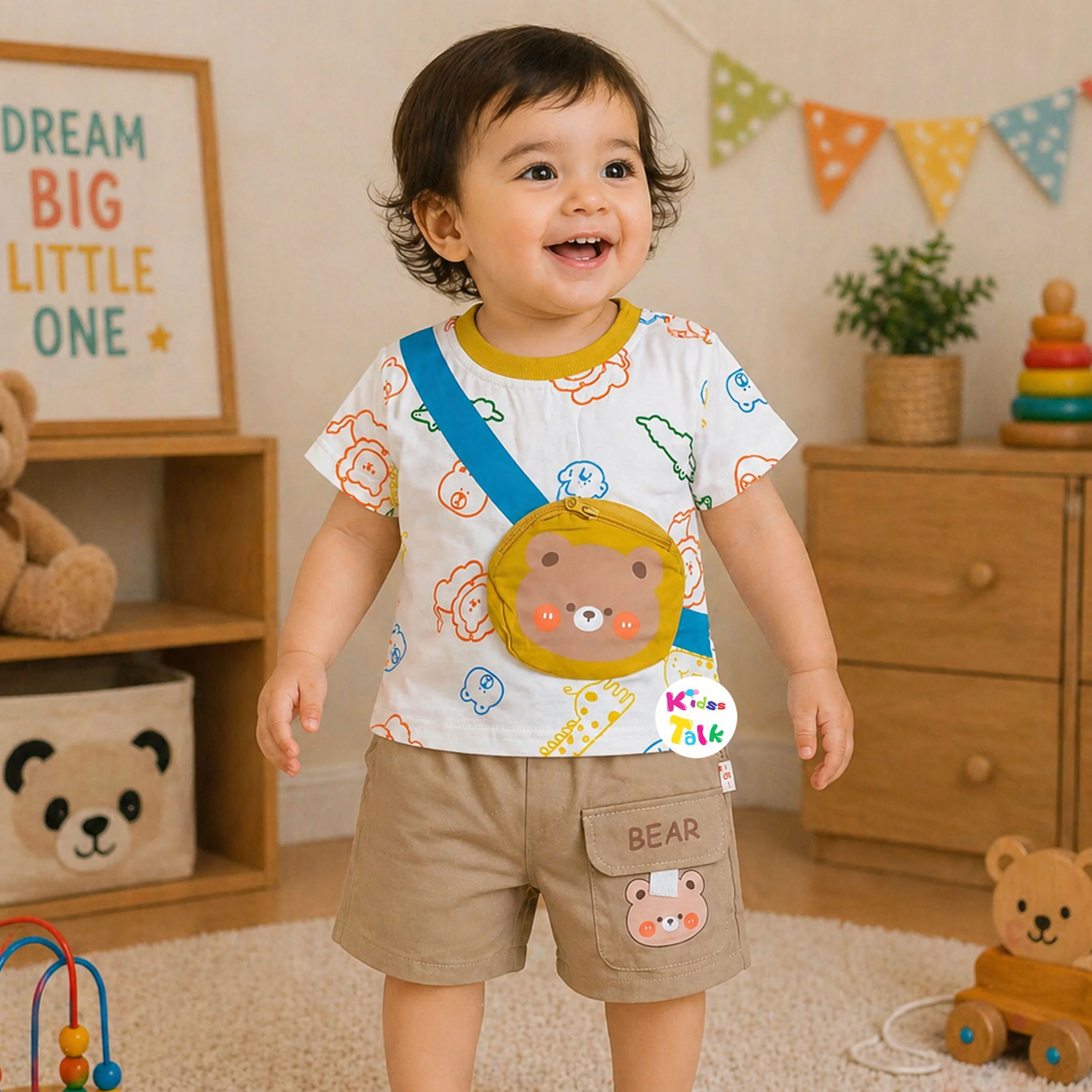 Cotton Knitted Half Sleeve T-shirt Set With Cute Print - White