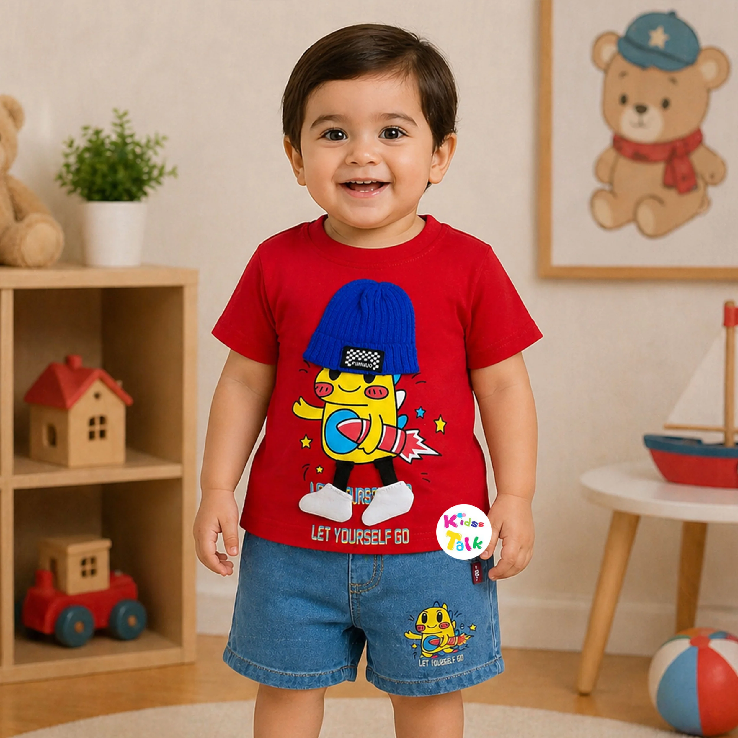 Cotton Knitted Half Sleeve T-shirt Set With Cute Print - Red
