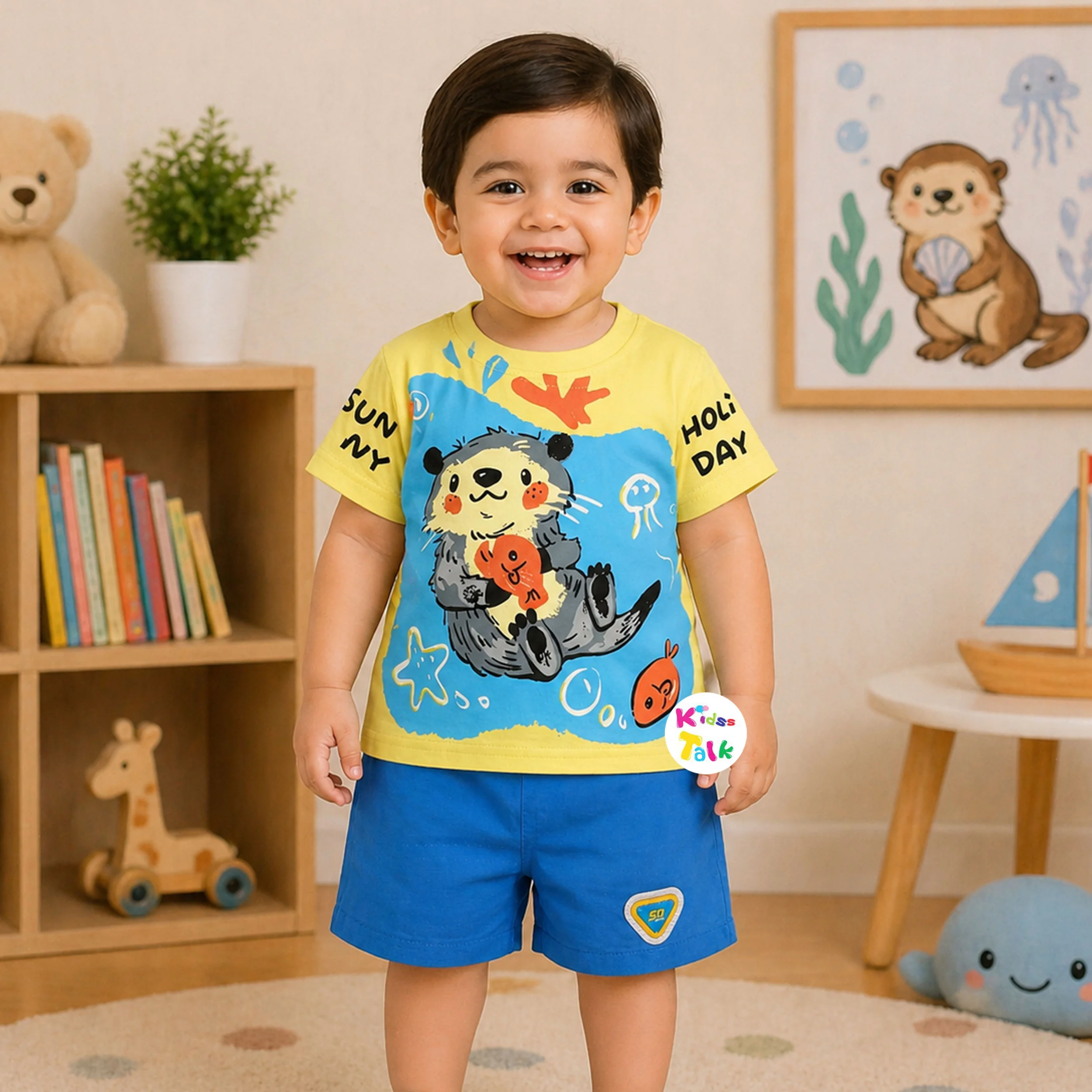 Cotton Knitted Half Sleeve T-shirt Set With Cute Print - Lemon Yellow