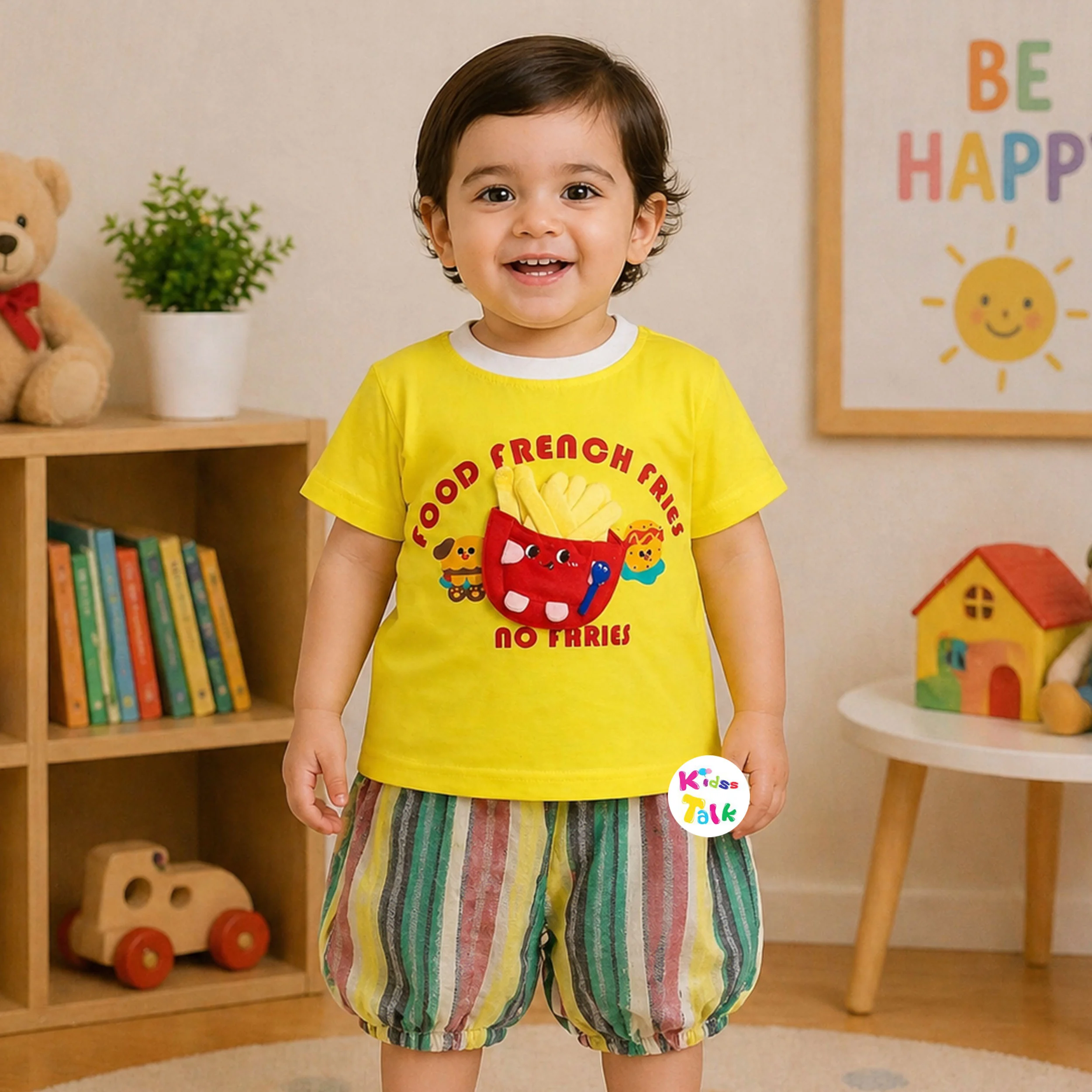 Cotton Knitted Half Sleeve T-shirt Set With Cute Print - Lemon Yellow