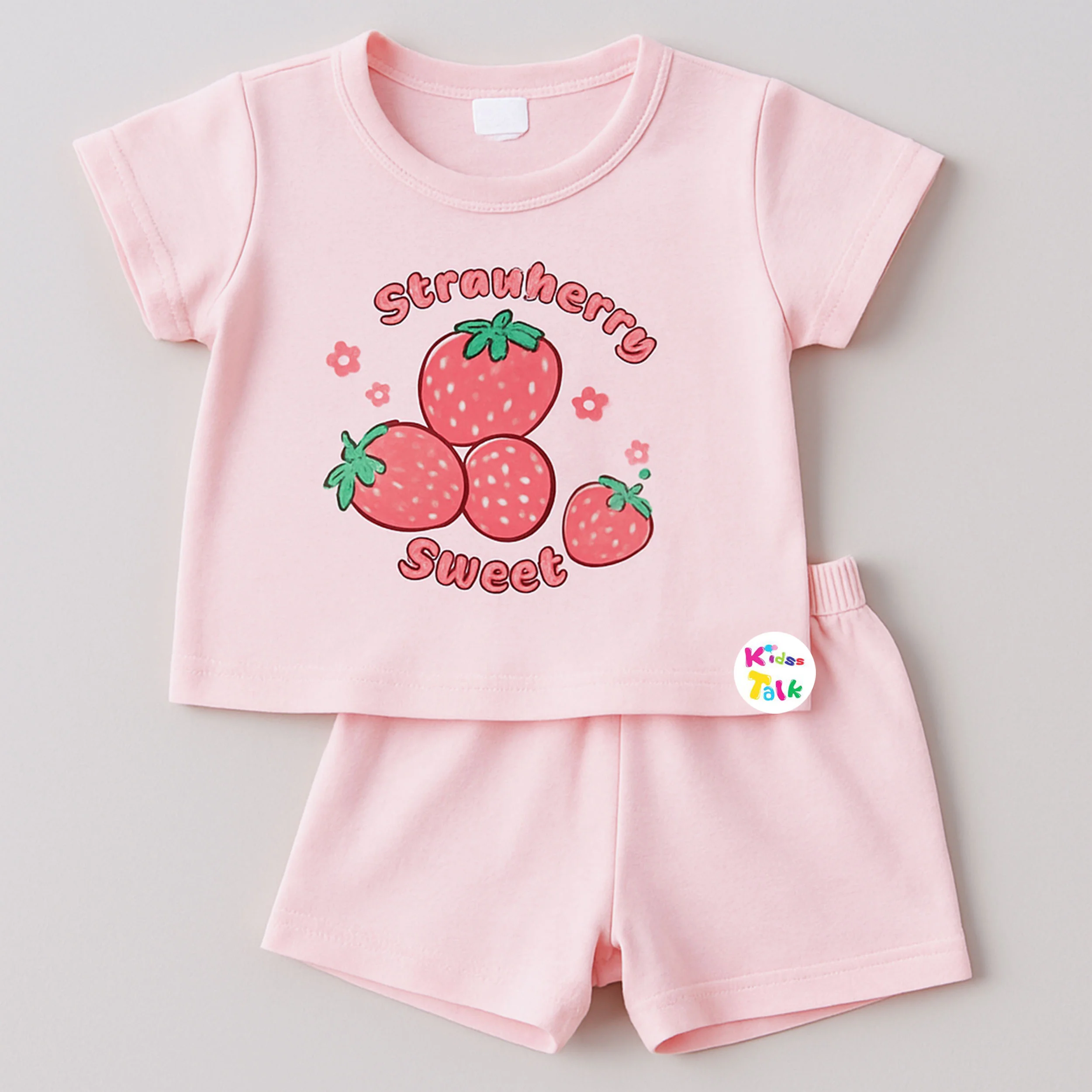 Cotton Knitted Half Sleeve T-shirt Set With Cute Print - Baby Pink