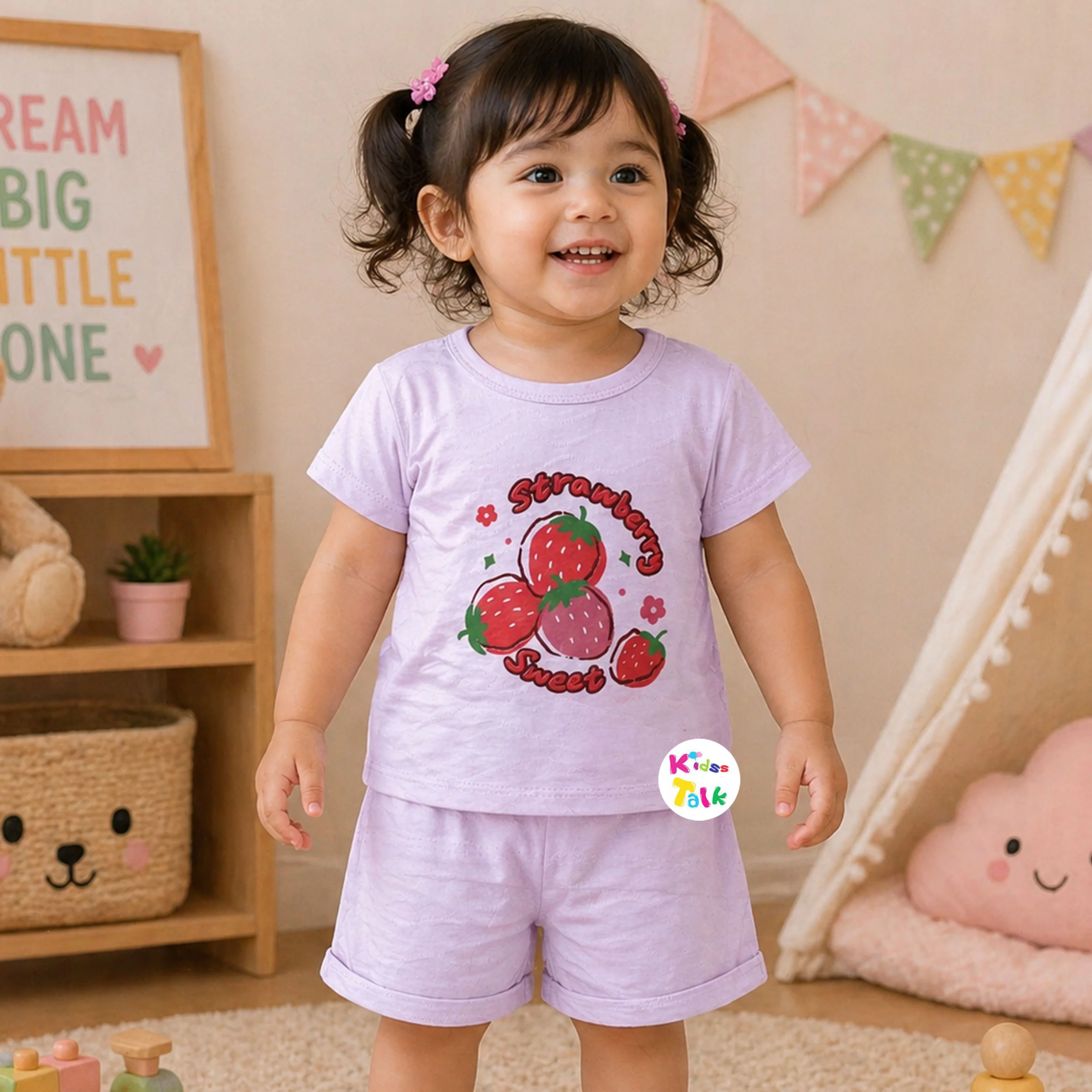 Cotton Knitted Half Sleeve T-shirt Set With Cute Print - Lavender