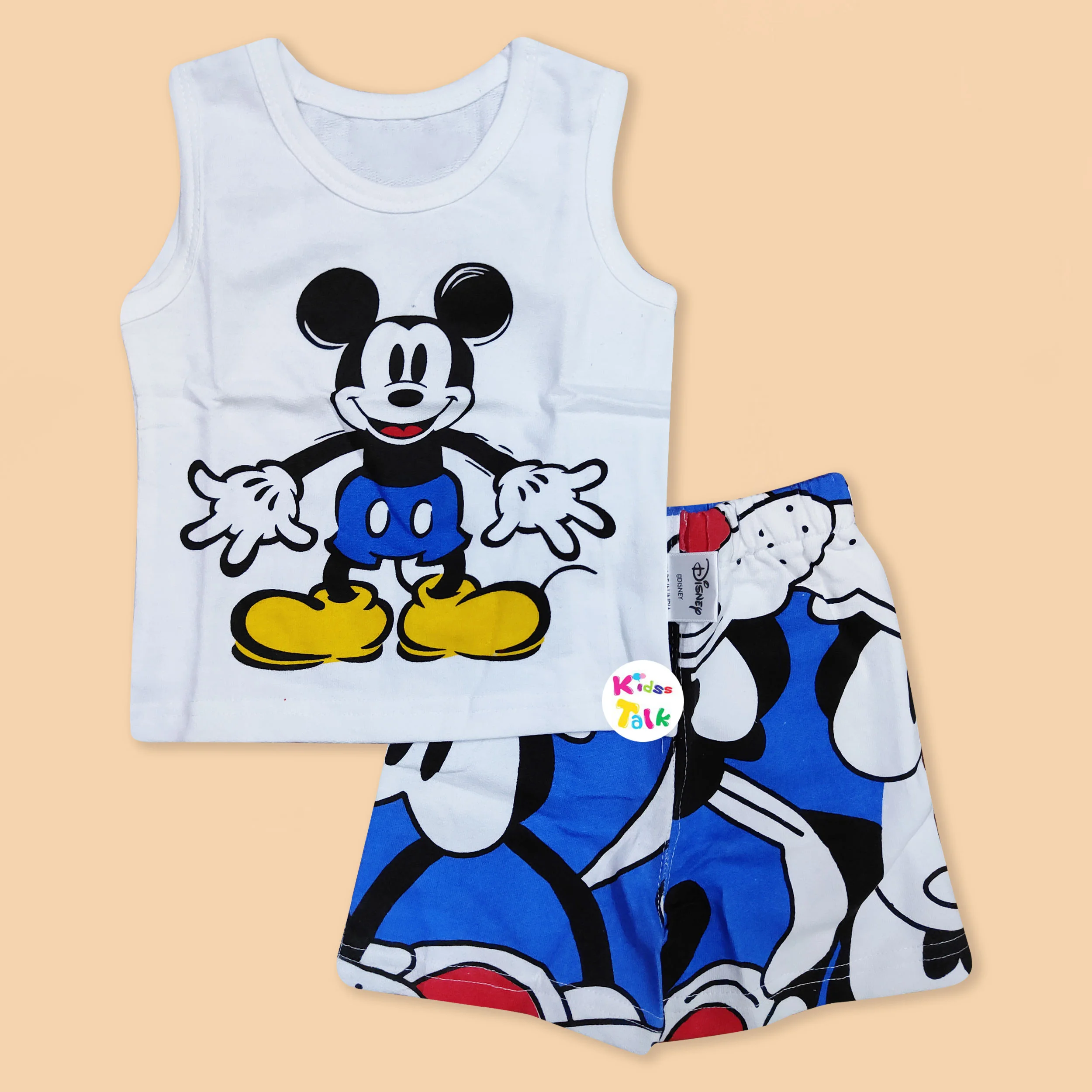 Cotton Knitted Sleeveless T-shirt Set With Cute Print - White