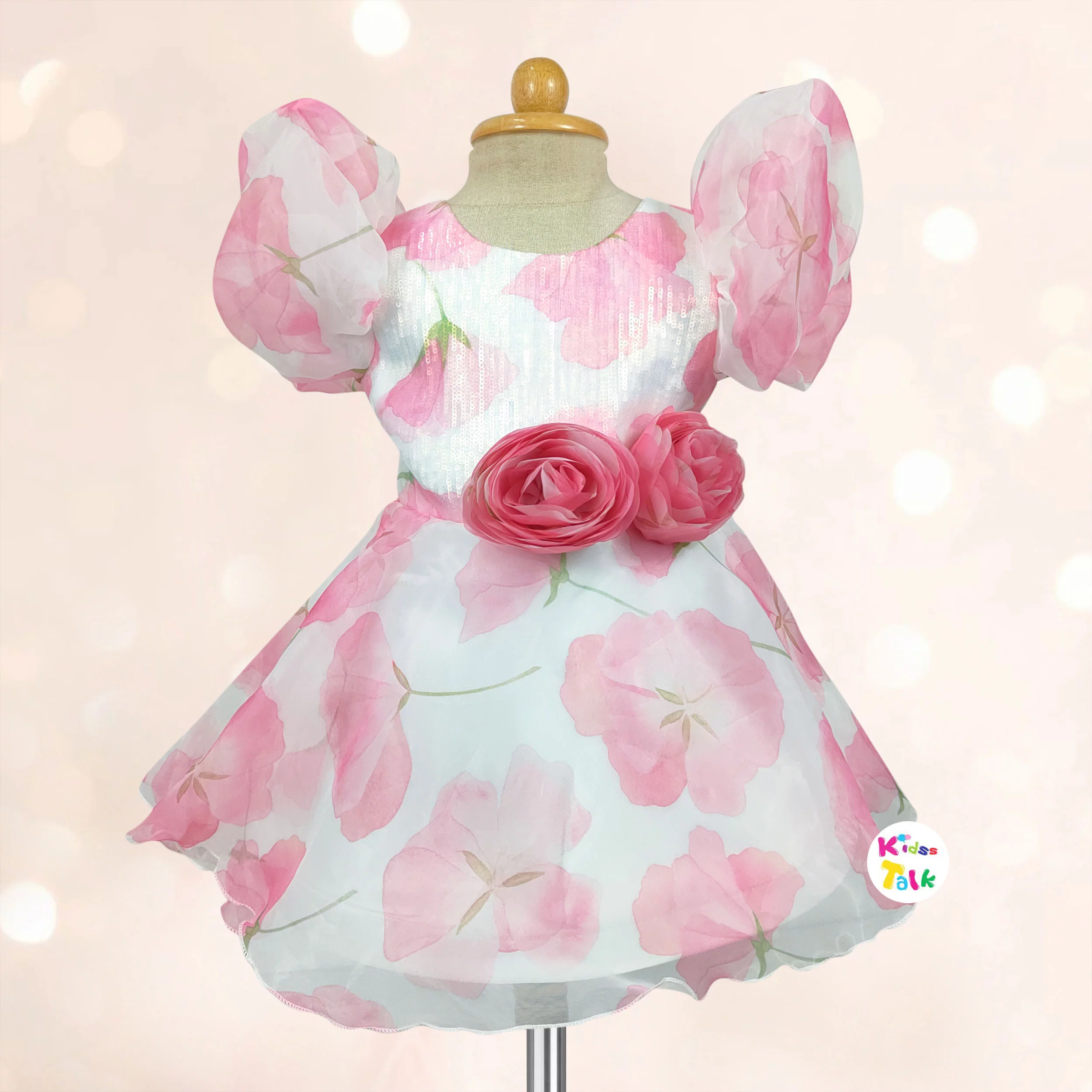 Organza Half Sleeve Frock With Floral Printed - Hot Pink