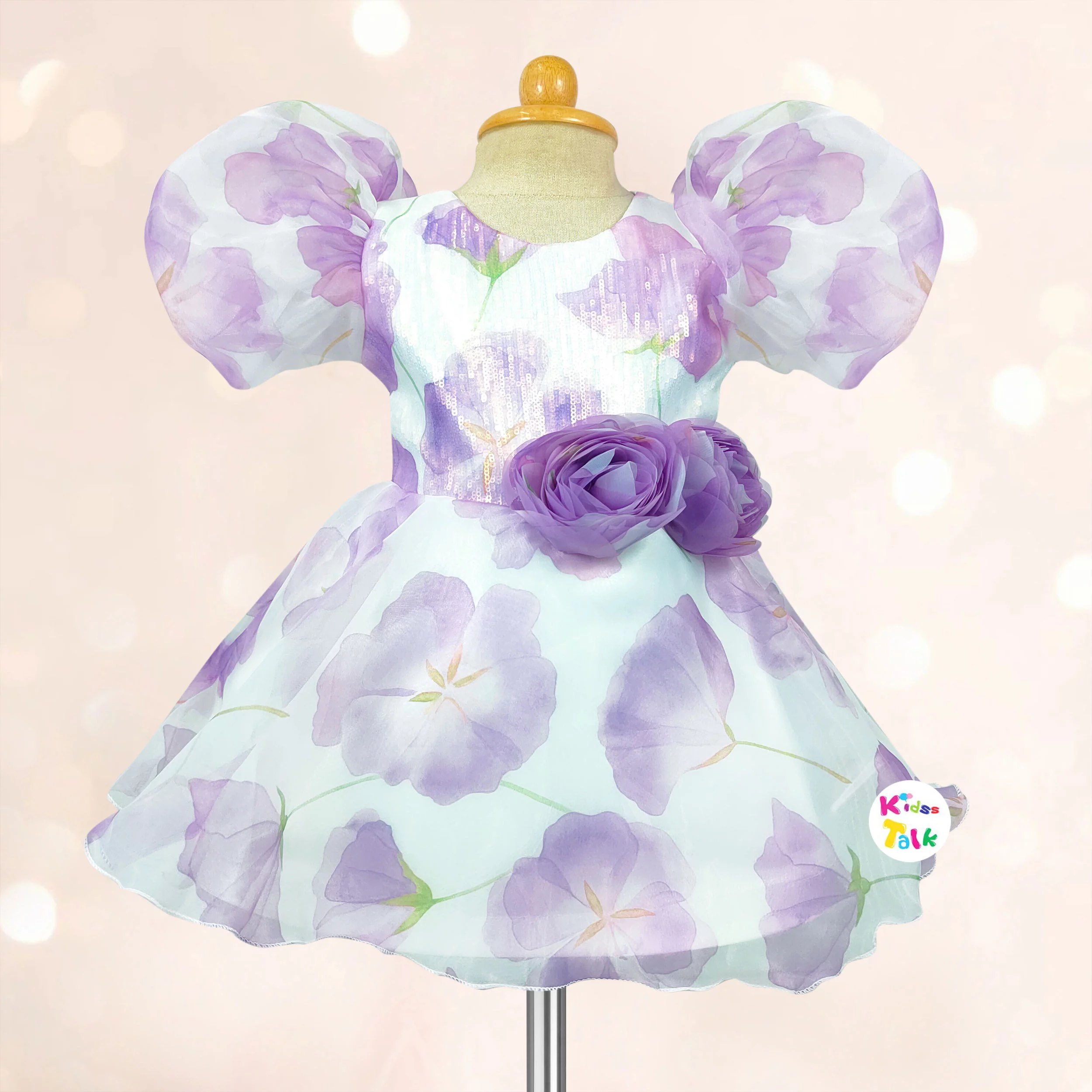 Organza Half Sleeve Frock With Floral Printed - Lavender