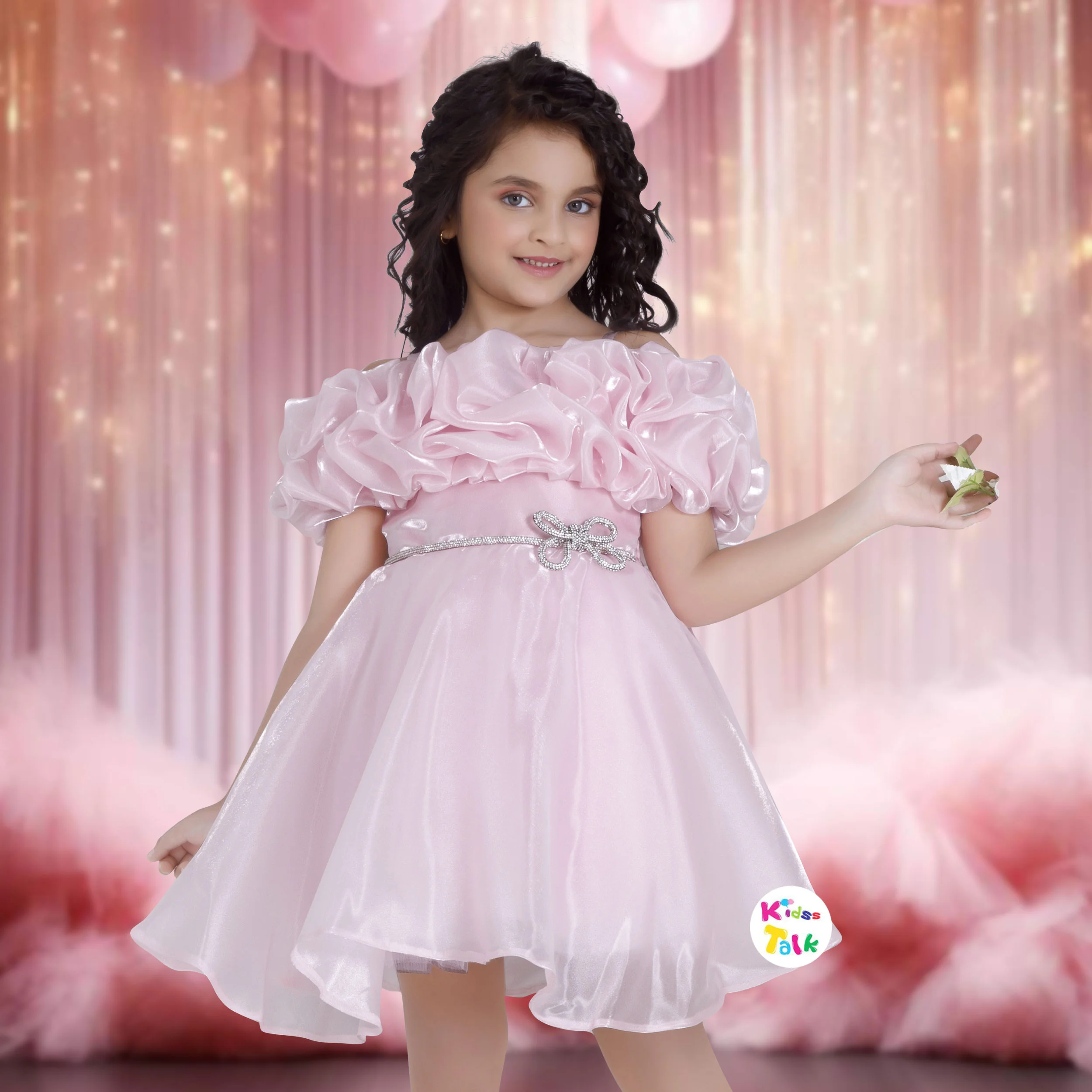 Satin Sleeveless Party Frock With Bow Applique - Baby Pink