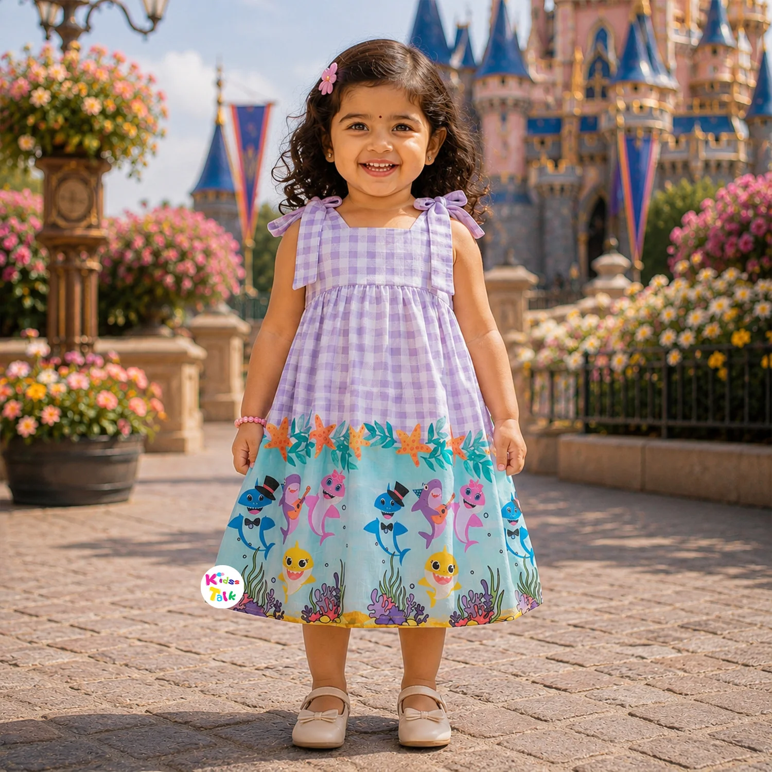 Poly Blend Sleeveless Frock With Cute Character Print & Bow - Lavender