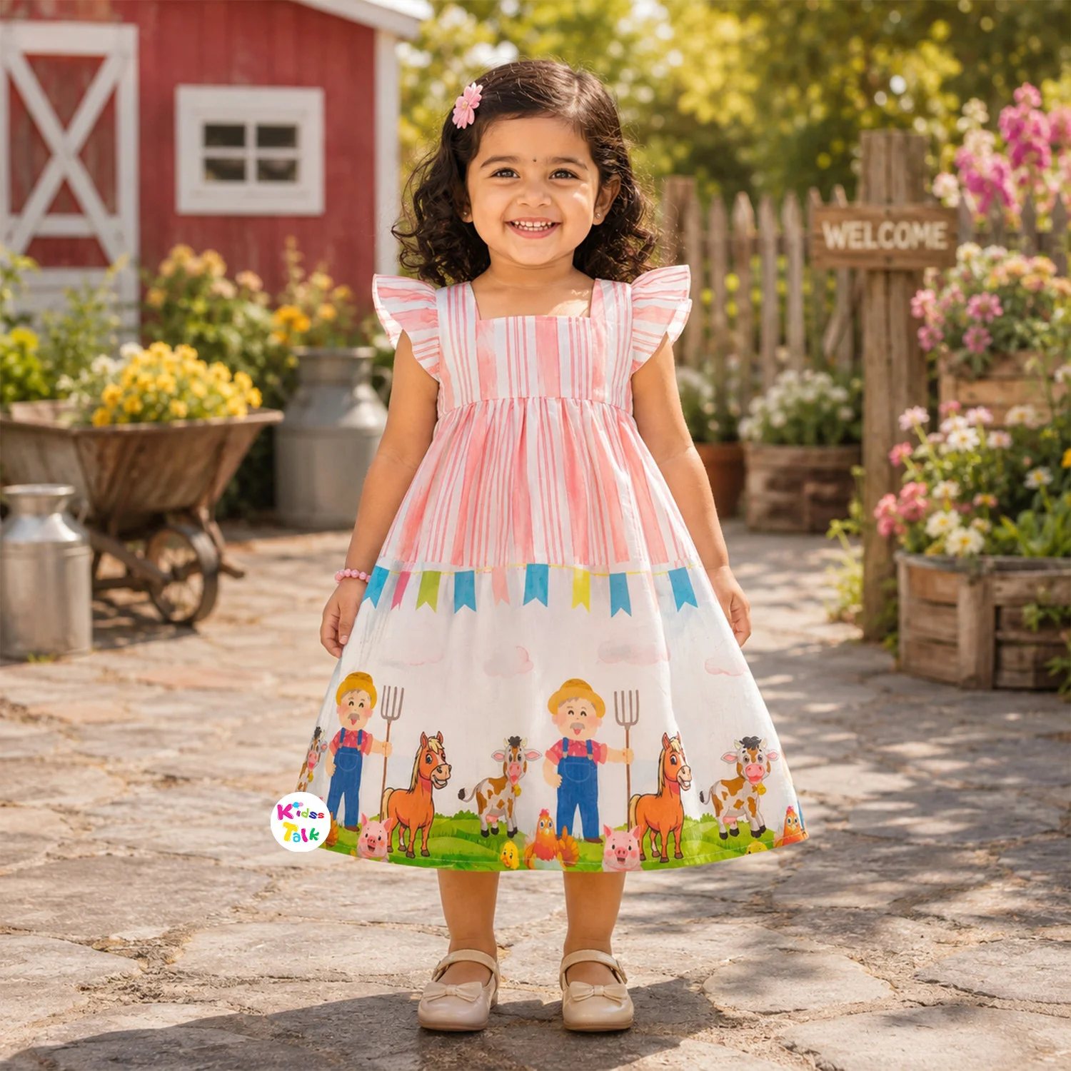 Poly Blend Sleeveless Frock With Cute Character Print & Bow - Baby Pink