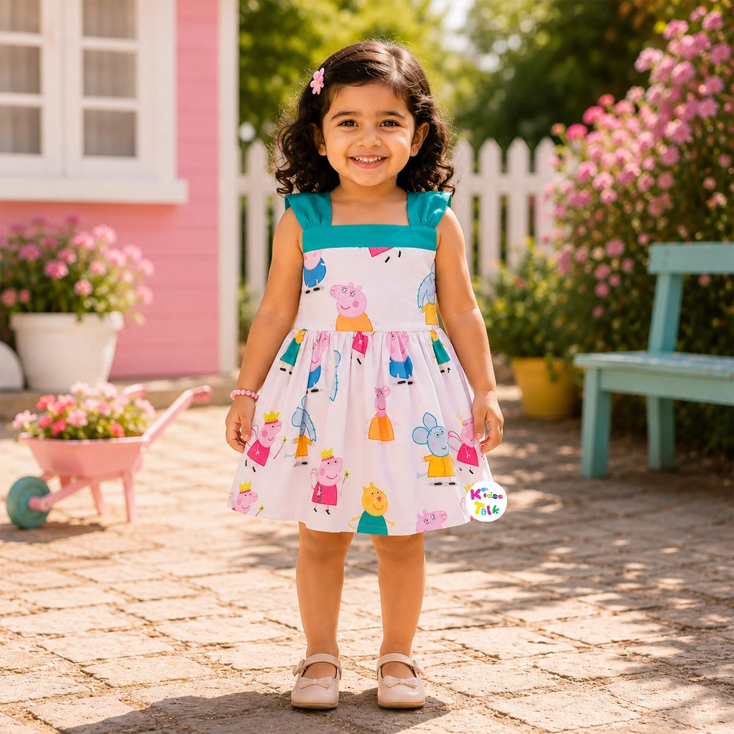 Poly Blend Sleeveless Frock With Cute Character Print & Bow - Ice Blue