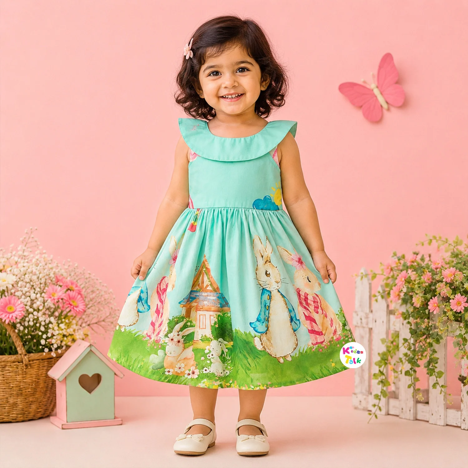 Poly Blend Sleeveless Frock With Cute Character Print & Bow - Ice Blue