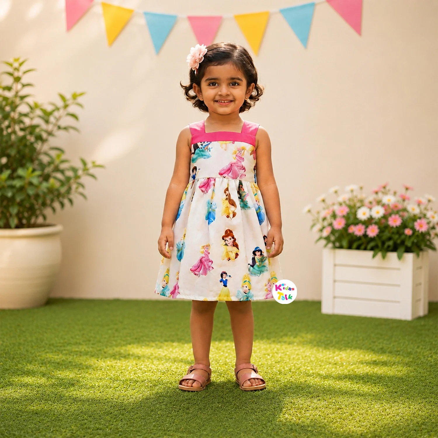 Poly Blend Sleeveless Frock With Cute Character Print & Bow - Baby Pink