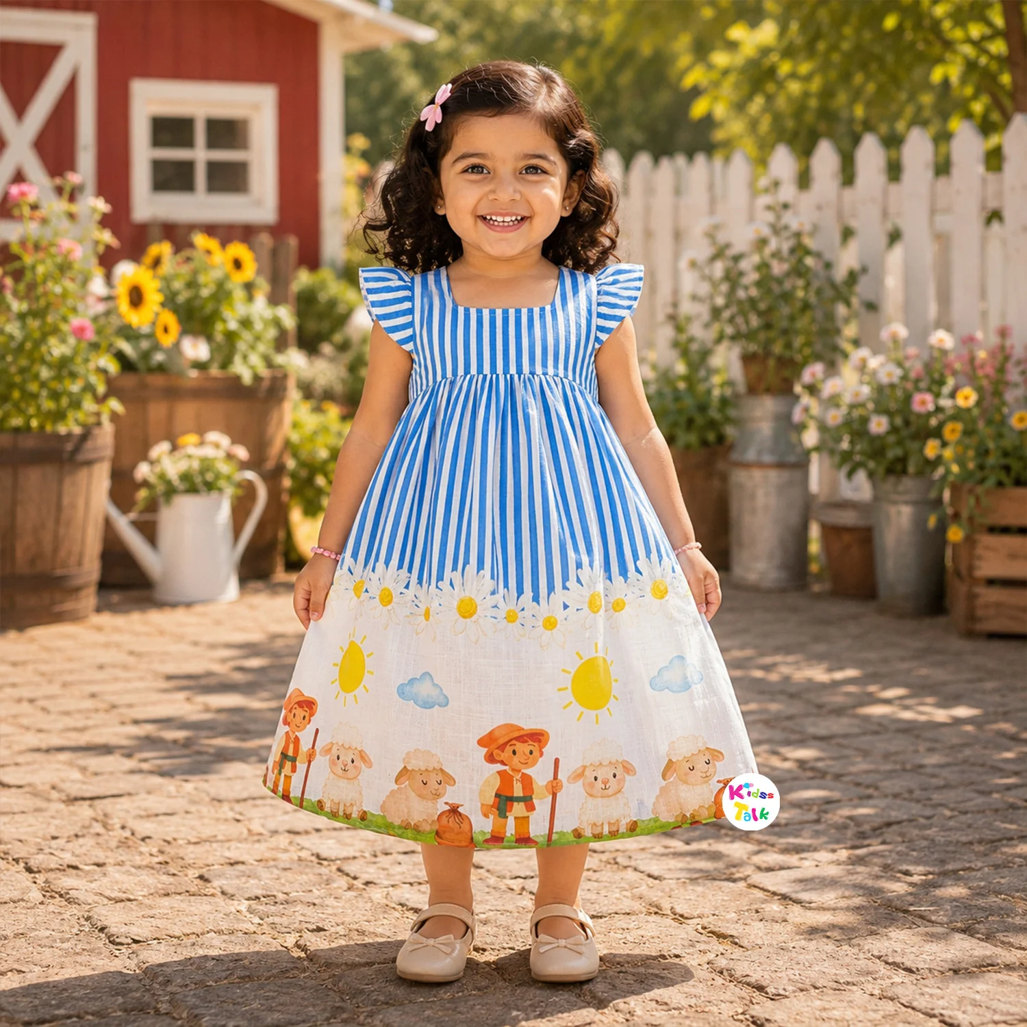 Poly Blend Sleeveless Frock With Cute Character Print & Bow - Ice Blue