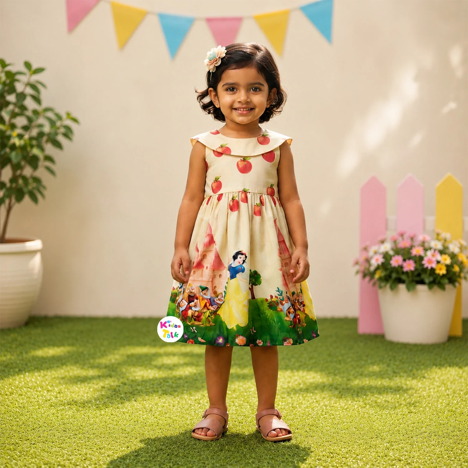 Poly Blend Sleeveless Frock With Cute Character Print & Bow - Lemon Yellow