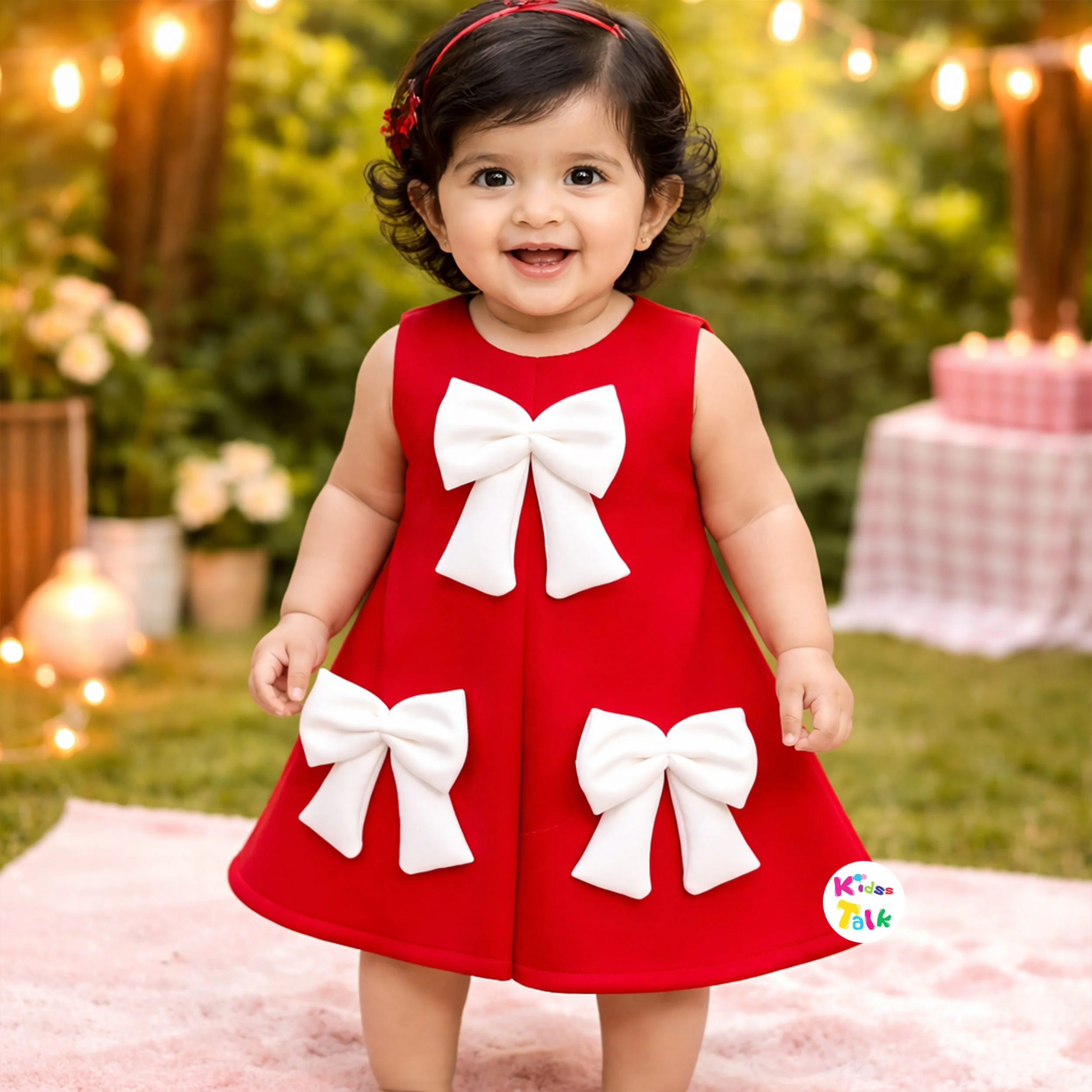 Scuba Sleeveless Party Frock With Bow Applique - Red