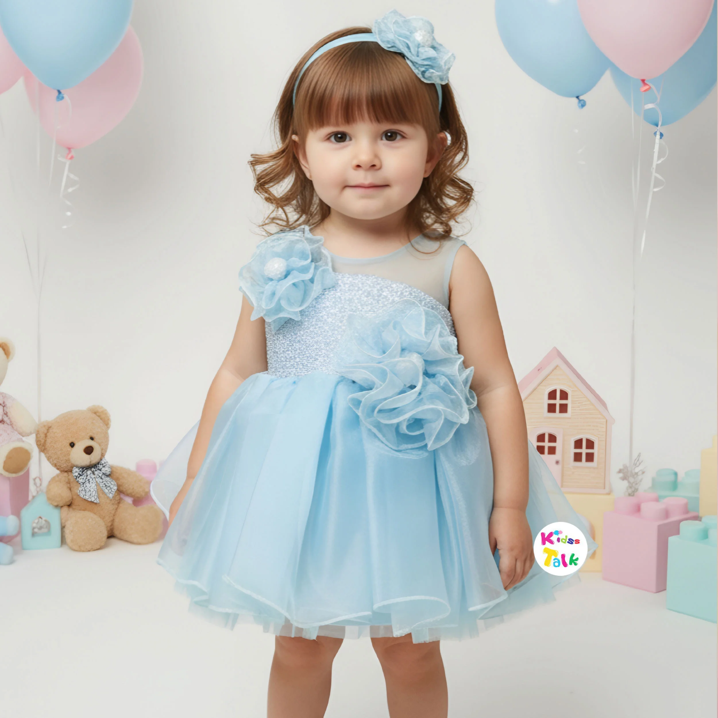 Satin Sleeveless Fluffy Party Frock With Flower Applique - Ice Blue
