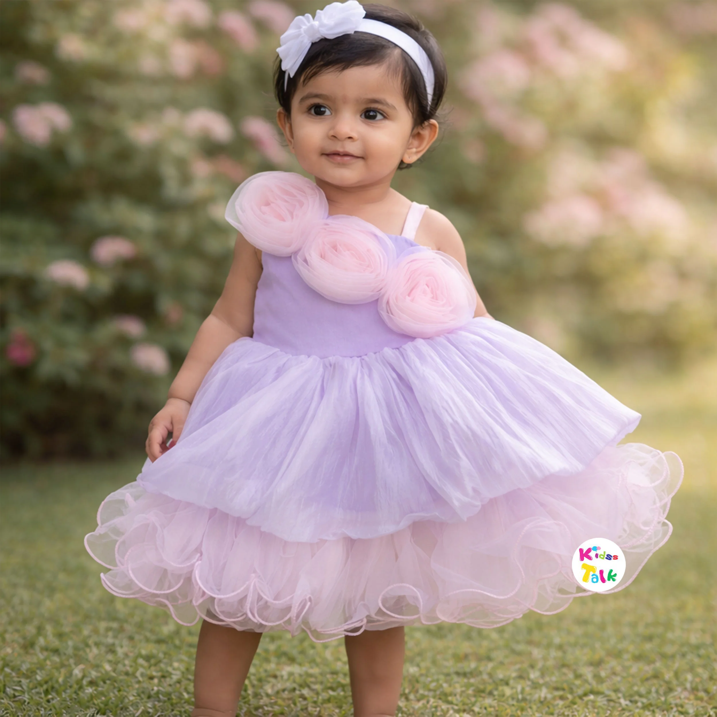 Net Sleeveless Party Frock With Flower Applique - Lavender