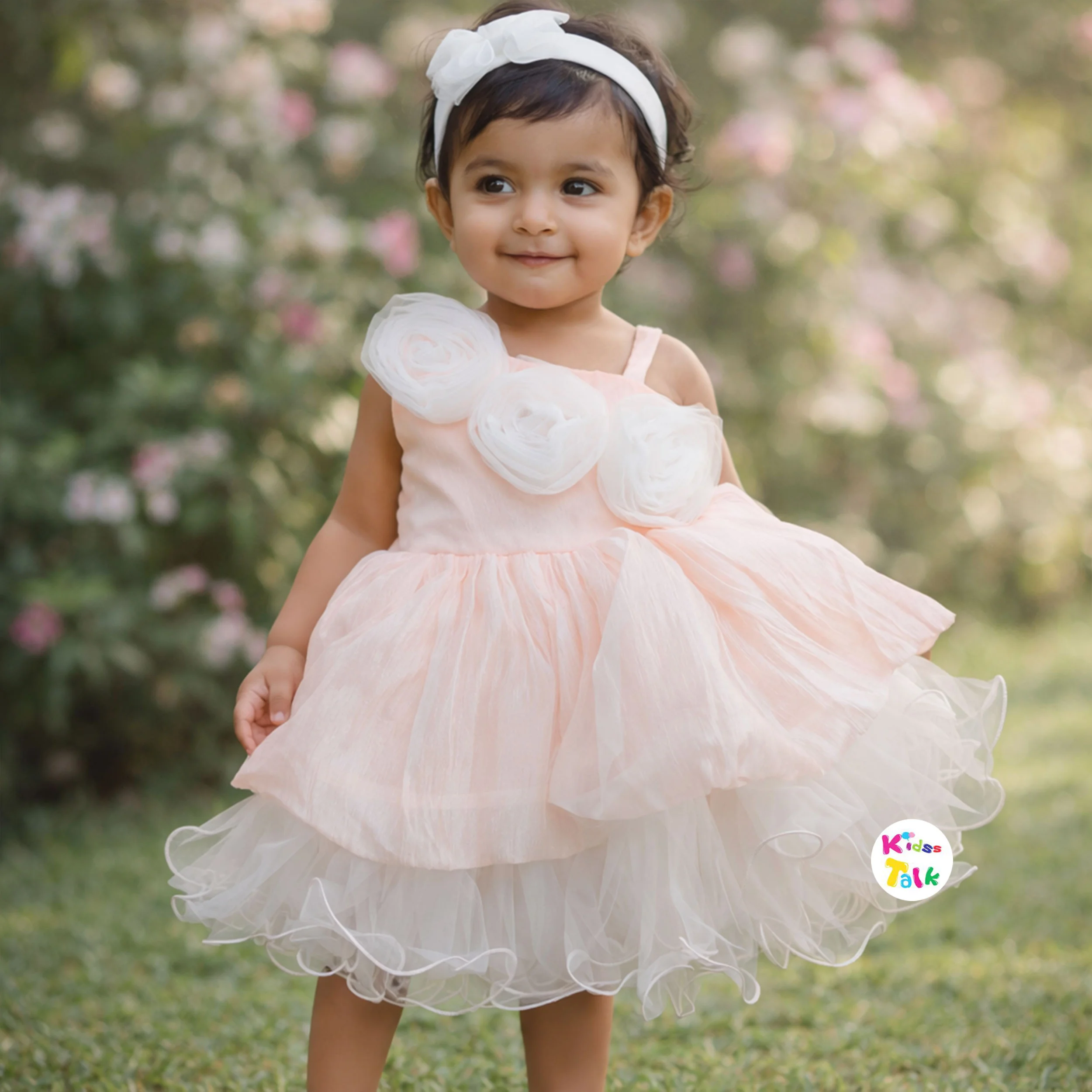 Net Sleeveless Party Frock With Flower Applique - Peach