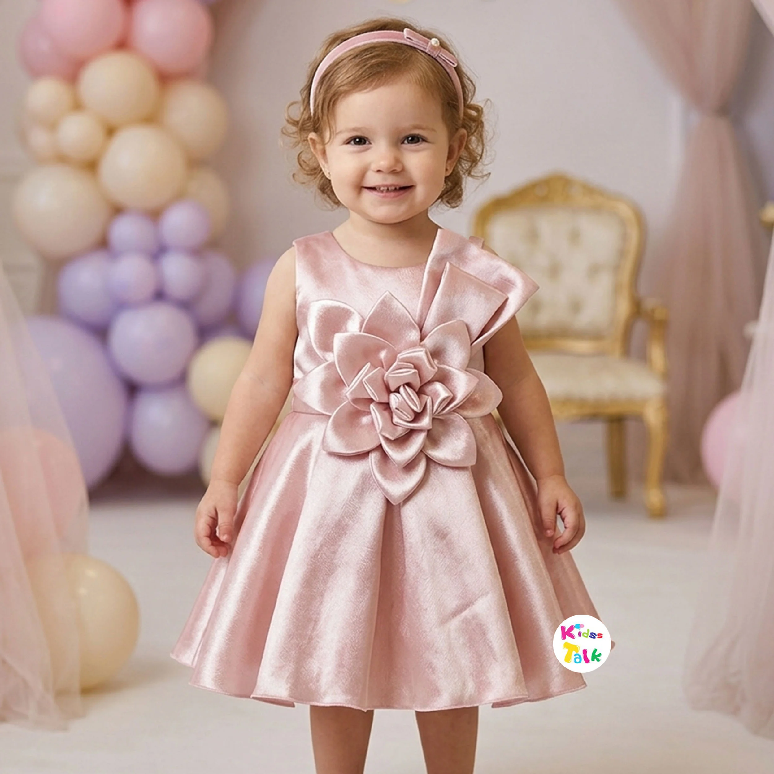 Satin Sleeveless Party Frock With Flower Applique - Peach