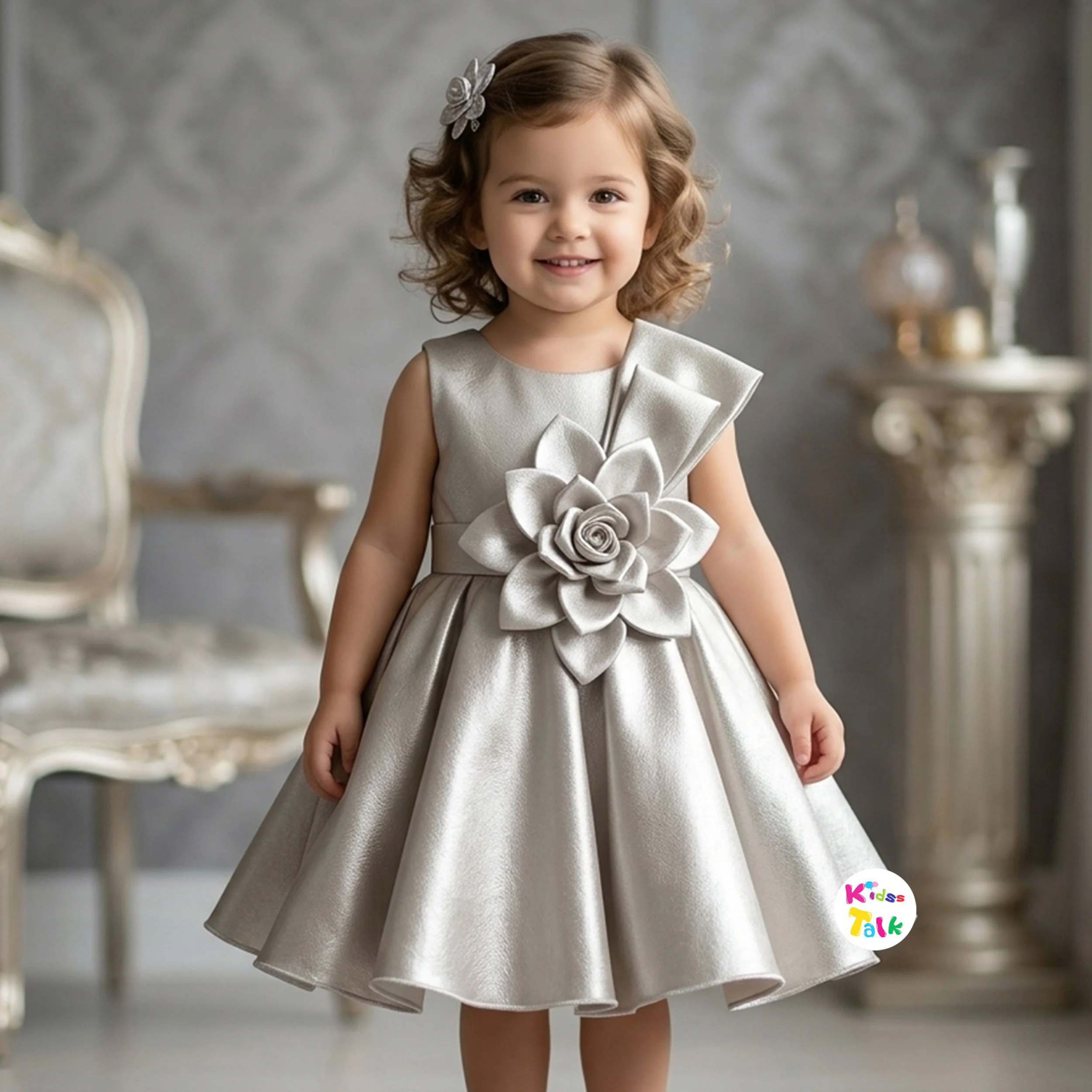 Satin Sleeveless Party Frock With Flower Applique - Silver
