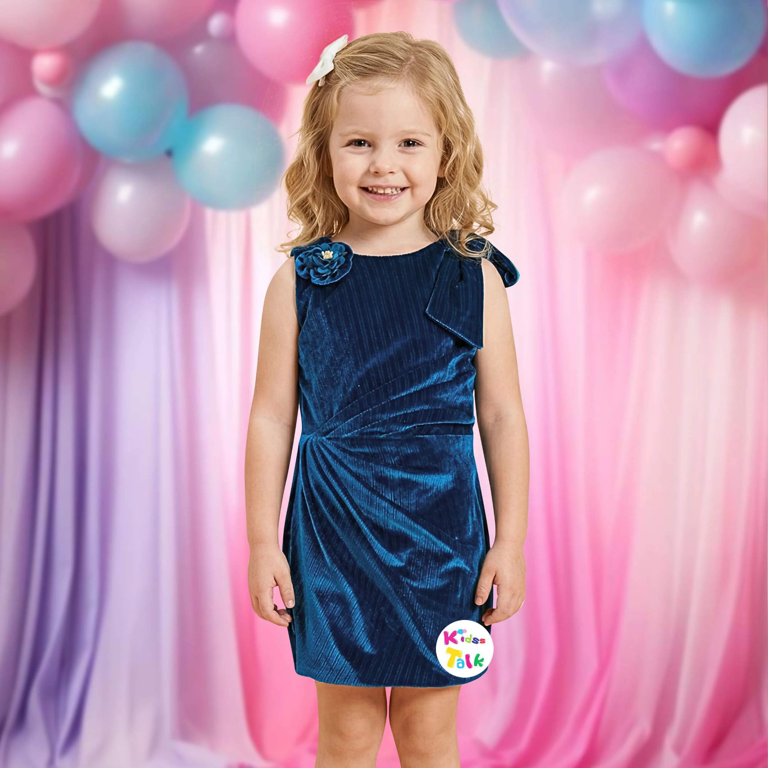 Velvet Sleeveless Party Frock With Cute Flower Applique - Teal Blue